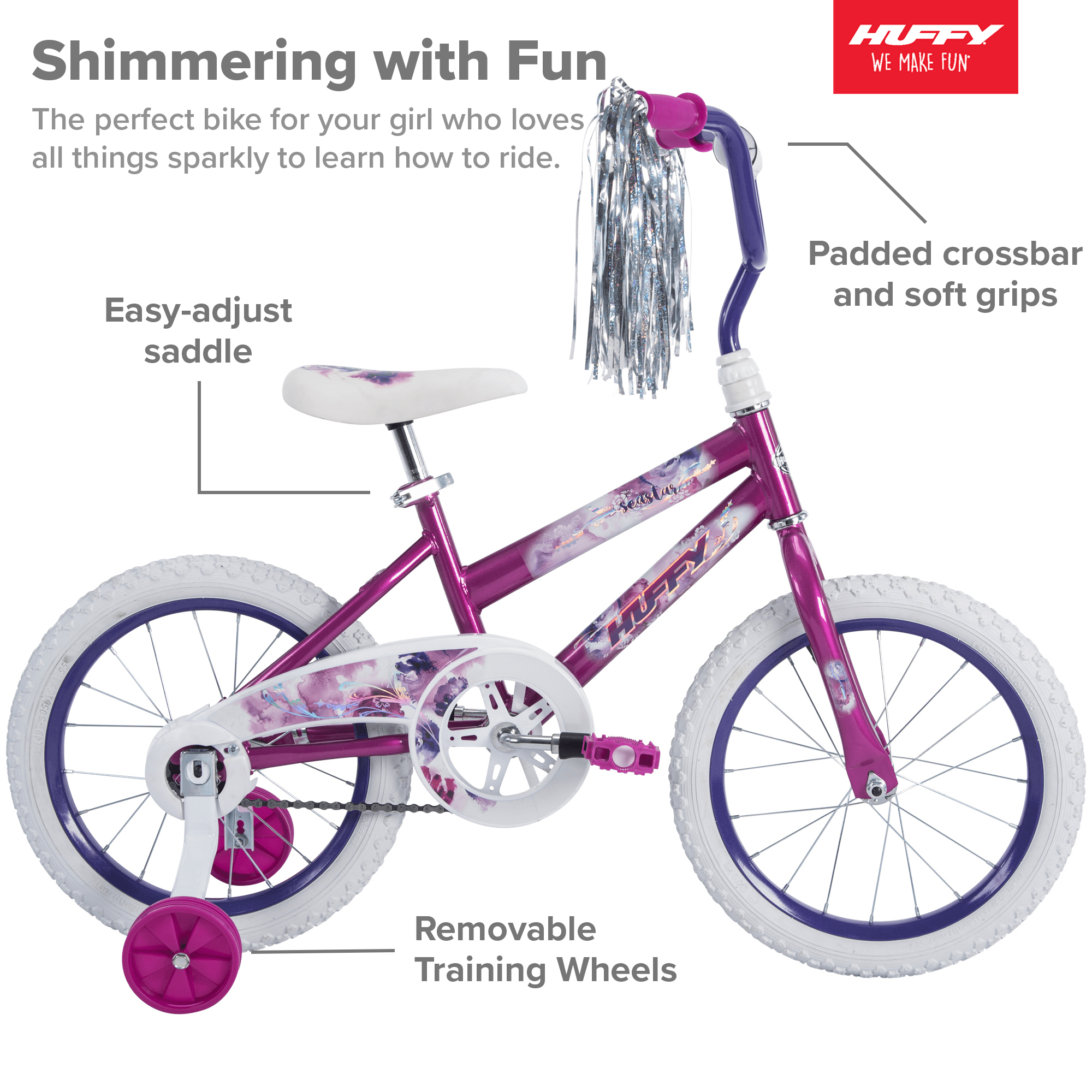 Huffy Sea Star 16′′ Girls’ Bike, Metallic Purple, Ages 4-6, EZ Build, Training Wheels