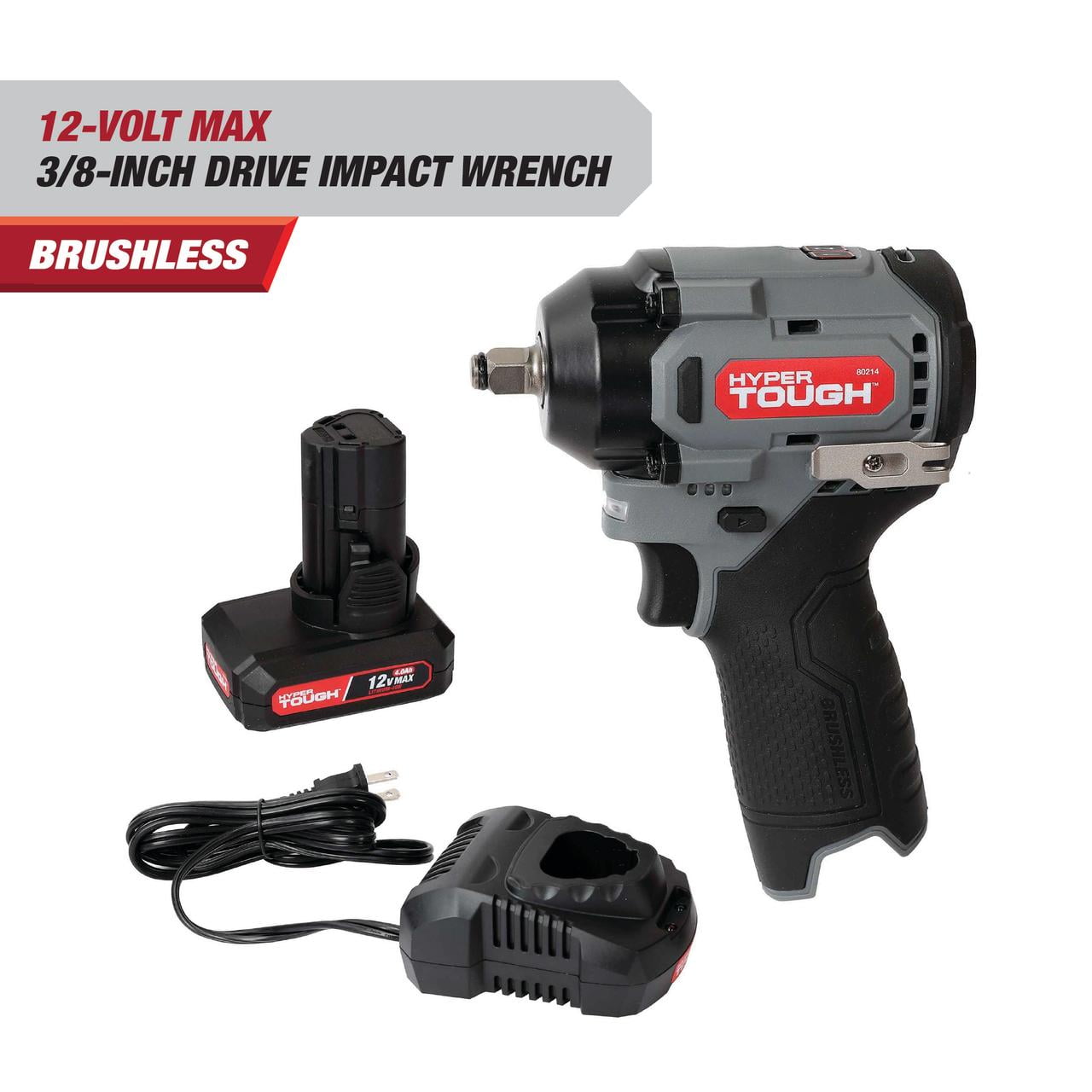 Hyper Tough 12V Cordless Brushless Impact Wrench, 225 ft-lbs Torque, 4.0Ah Battery & Charger Included, 3/8′′ Drive