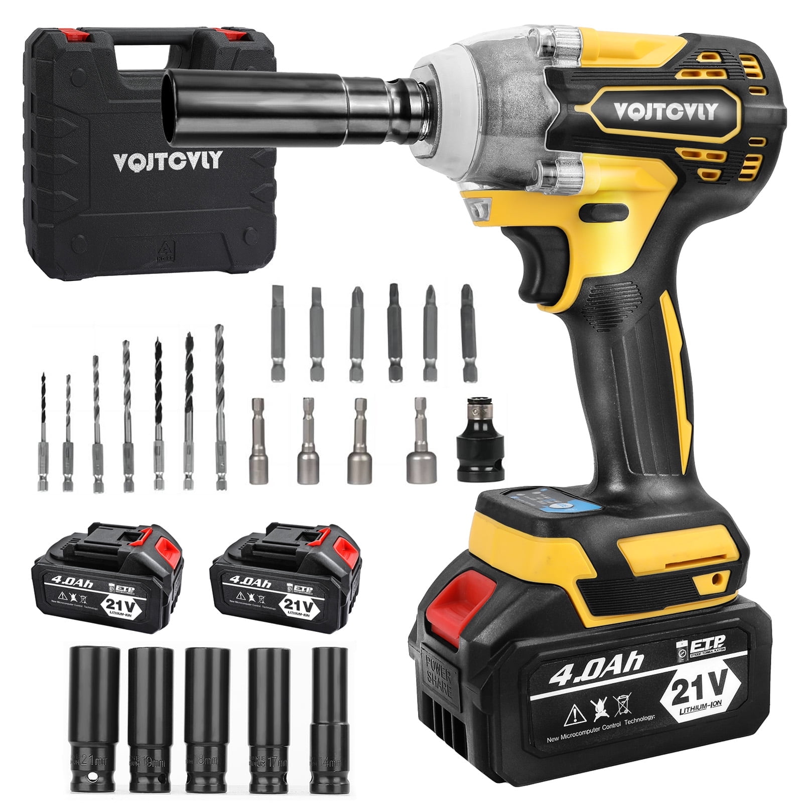 VQJTCVLY 21V Brushless Cordless Impact Wrench 1/2′′ with 2x 4.0Ah Batteries, 5 Sockets, 7 Drill Bits, Yellow