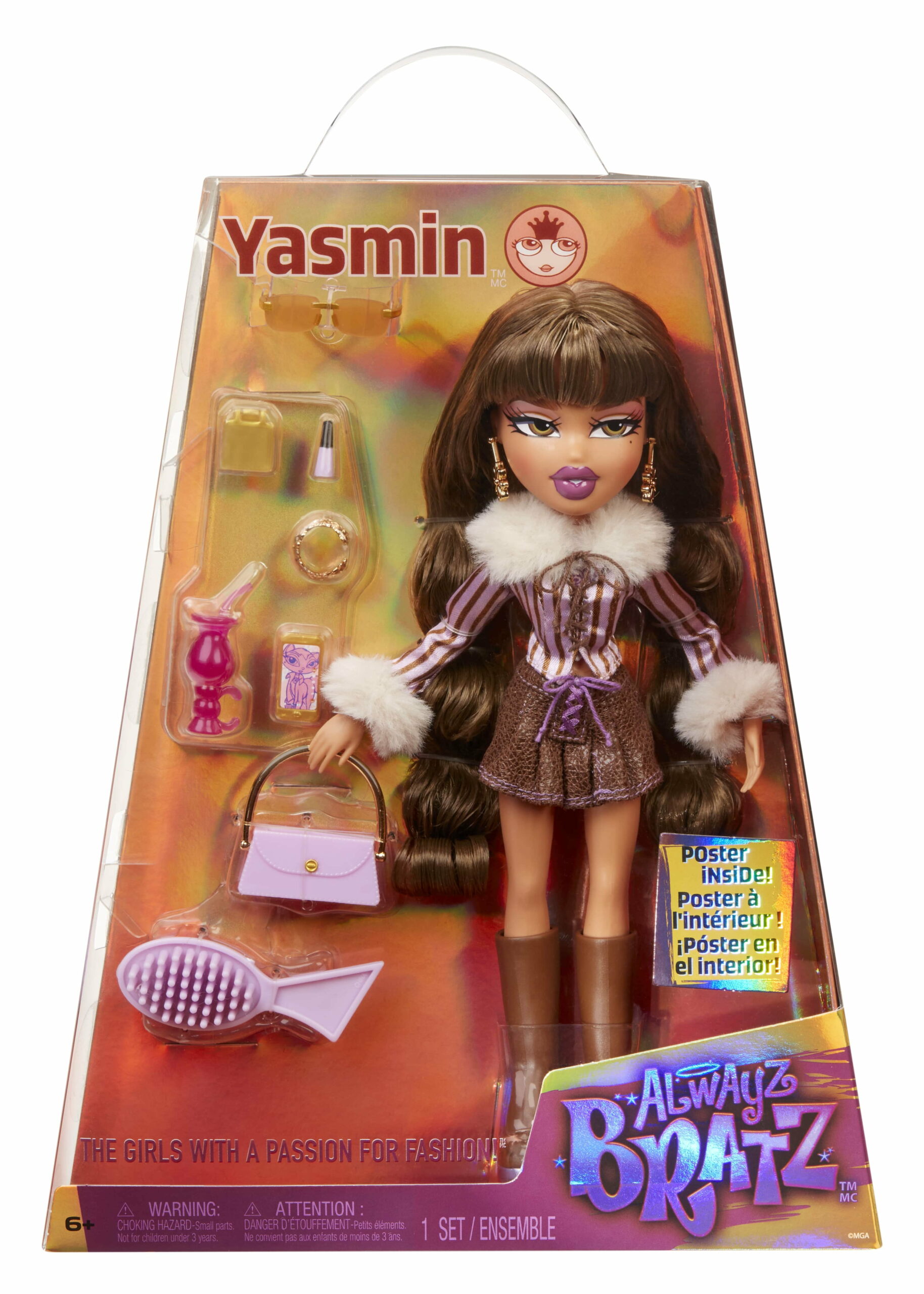 Bratz Yasmin Fashion Doll with 10 Accessories & Poster – Articulated, Multicolor, Includes Purse & Earrings