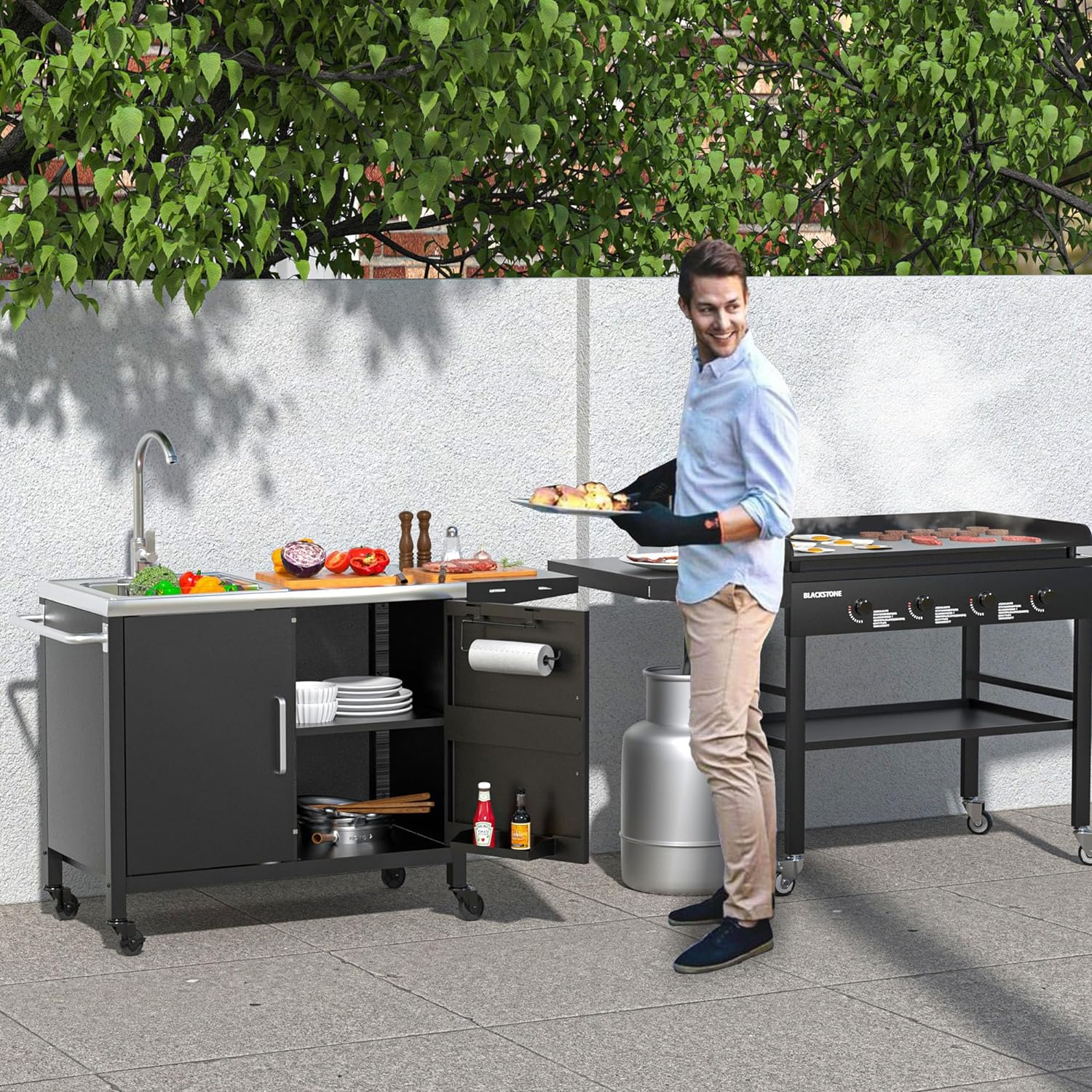Outdoor Grill Table with Stainless Steel Sink by [Brand] – Metal BBQ Kitchen Island with Storage & Foldable Work Platform