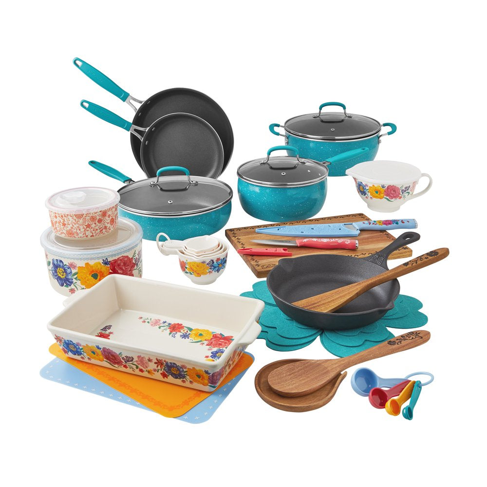The Pioneer Woman Brilliant Blooms 38-Piece Cookware Set, Teal – Complete Kitchen Solution with Floral Design