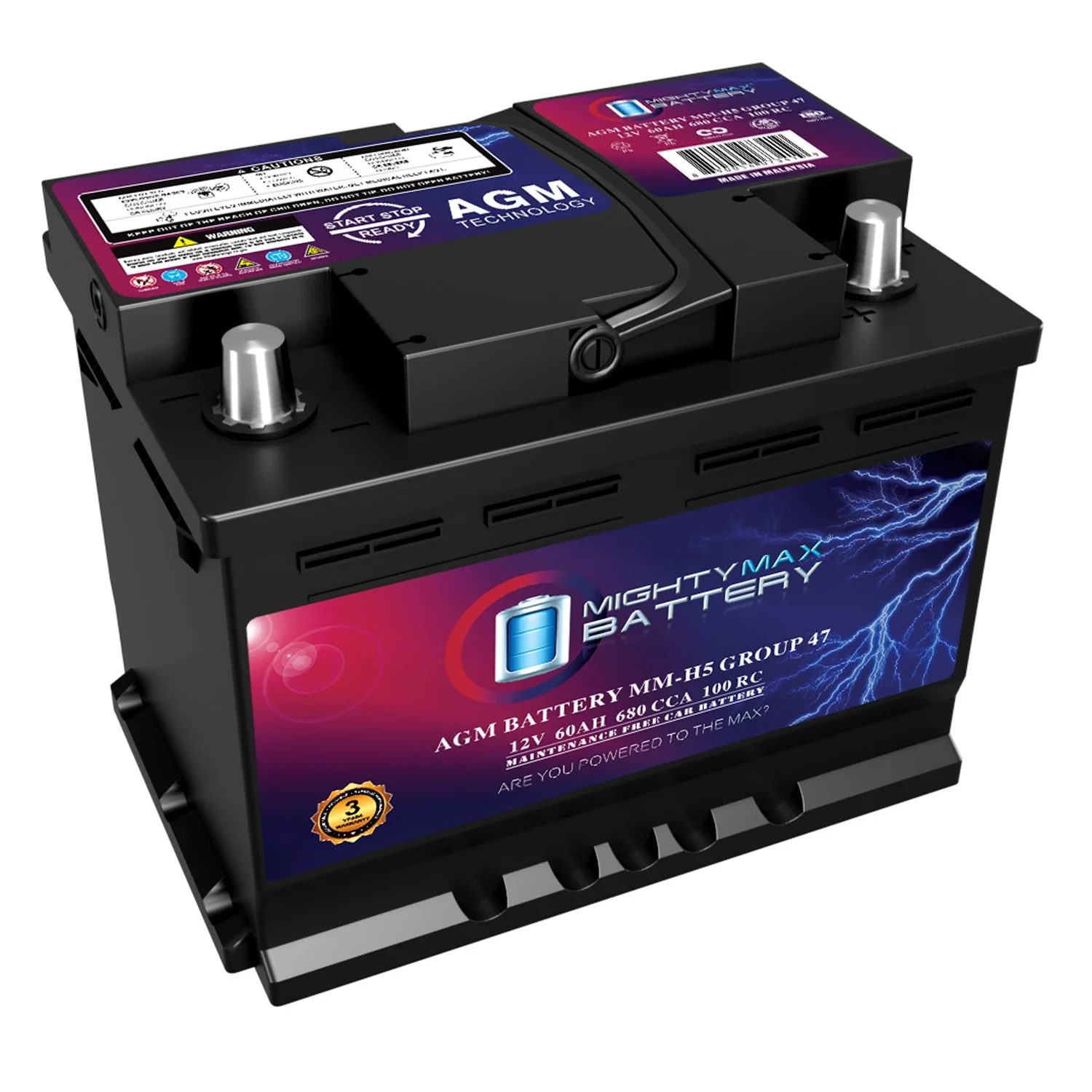MM-H5 12V 60AH AGM Car Battery, Group 47, 680 CCA, 100RC, Sealed Lead Acid, Rechargeable