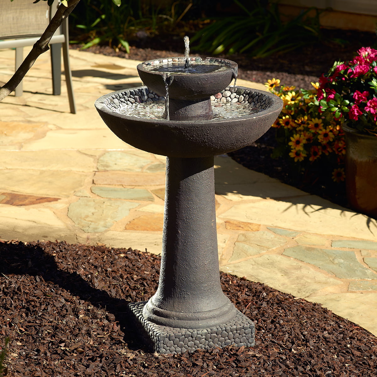 Smart Solar Riverstone 2-Tier Solar Fountain, Brown – Easy Install, No Wiring, 6-Hour Runtime, GFRC Construction