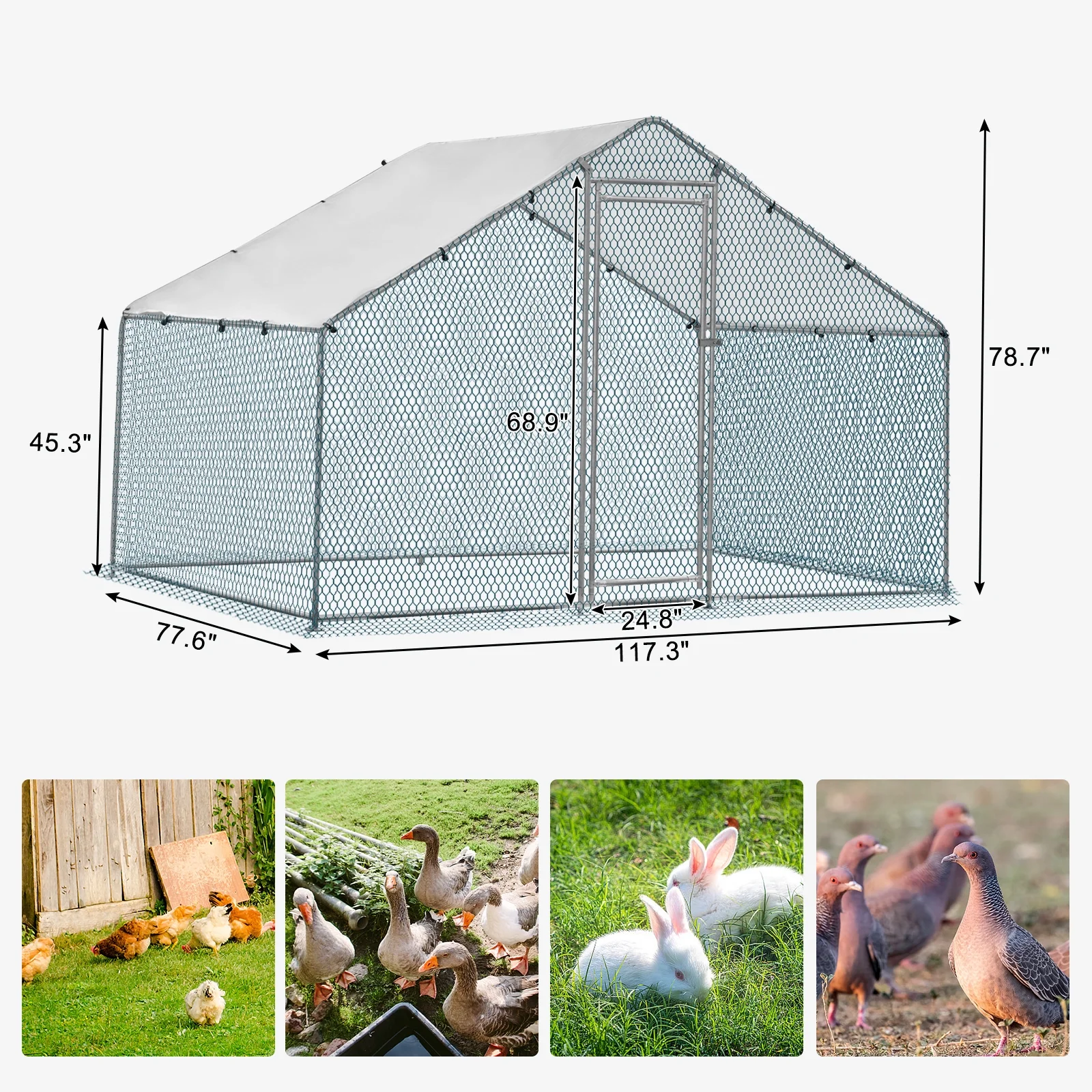 ZephyPaws Large Metal Chicken Coop 6.5×10 ft, Walk-in Poultry Cage with Waterproof Cover for Backyard Farm