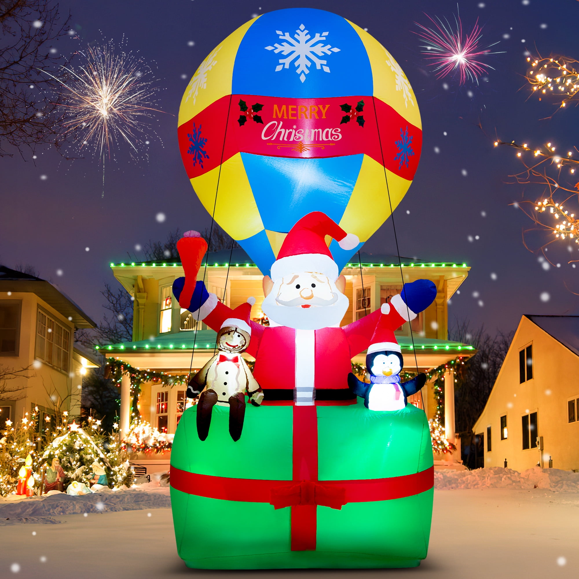 Yexmas 9FT Inflatable Santa Claus in Hot Air Balloon with LED Lights, Durable Polyester Christmas Decoration for Yard/Garden