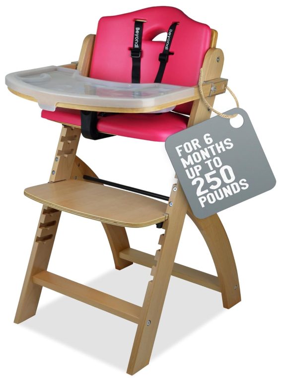 Brand Adjustable High Chair, Natural Wood & Dove Grey Cushion, Stain & Water Resistant, for Babies & Toddlers, Supports Up to 250 Lbs