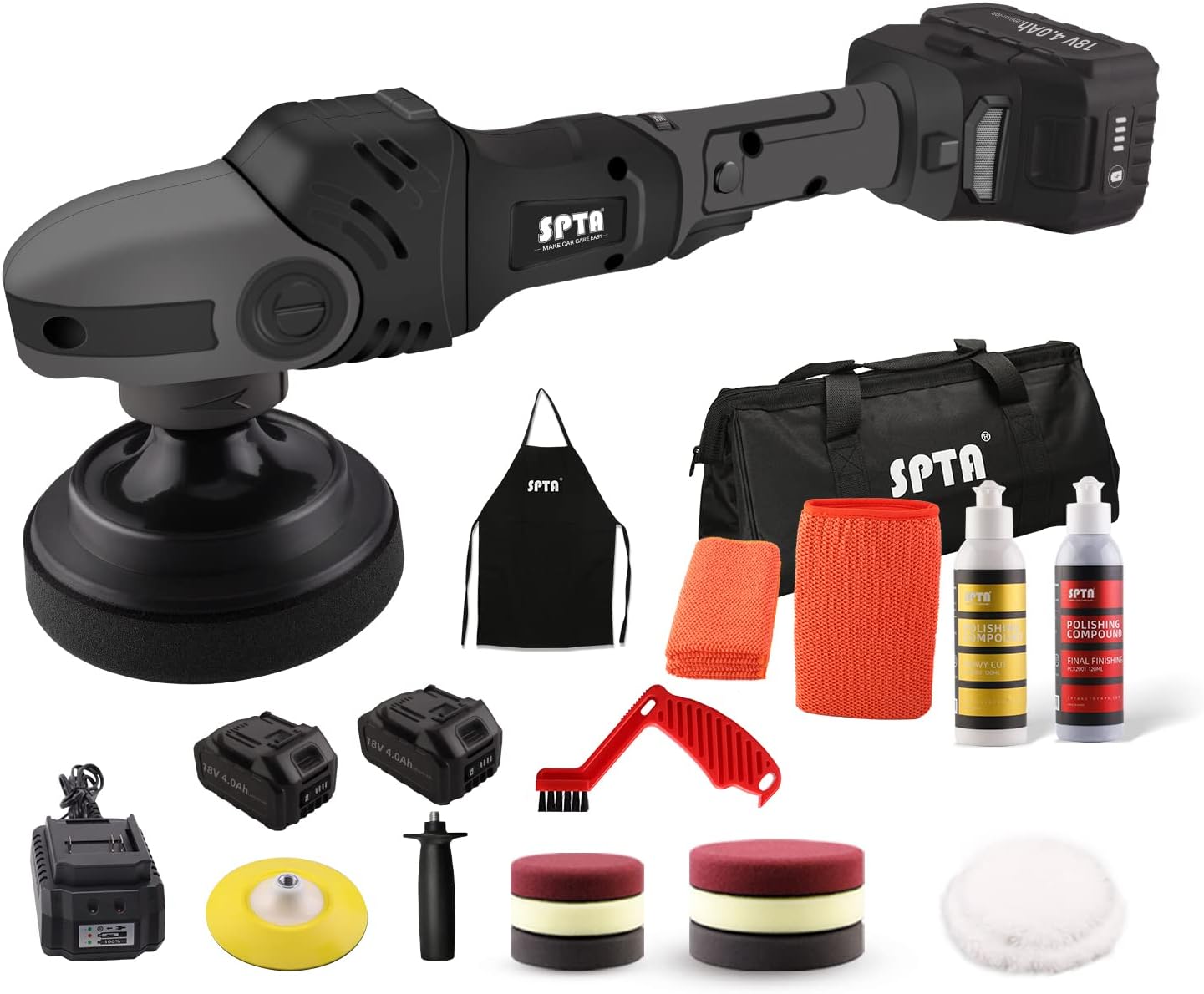 SPTA 18V Cordless Dual Action Polisher, 7-Speed 4800 RPM, Includes 2 Batteries & 6 Pads, for Cars & More