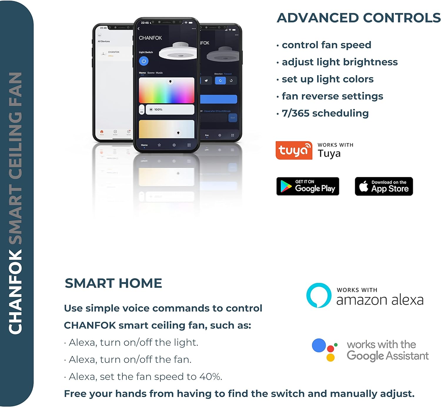 CHANFOK Smart Ceiling Fan with Light, Alexa Compatible, Bladeless, Remote & App Control, Flush Mount for Bedroom, Black