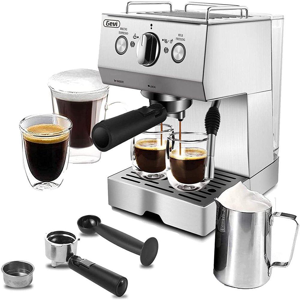 Gevi Silver Stainless Steel Espresso Machine, 15-Bar Pump, 2-Shot Cappuccino Maker, Coffee Brewer