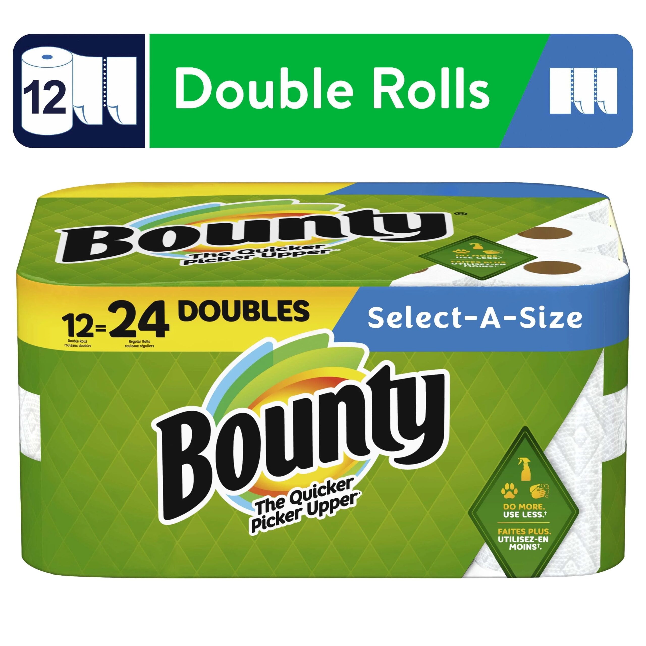 Bounty Select-a-Size Paper Towels, 12 Double Rolls, White, Highly Absorbent, Choose Sheet Size