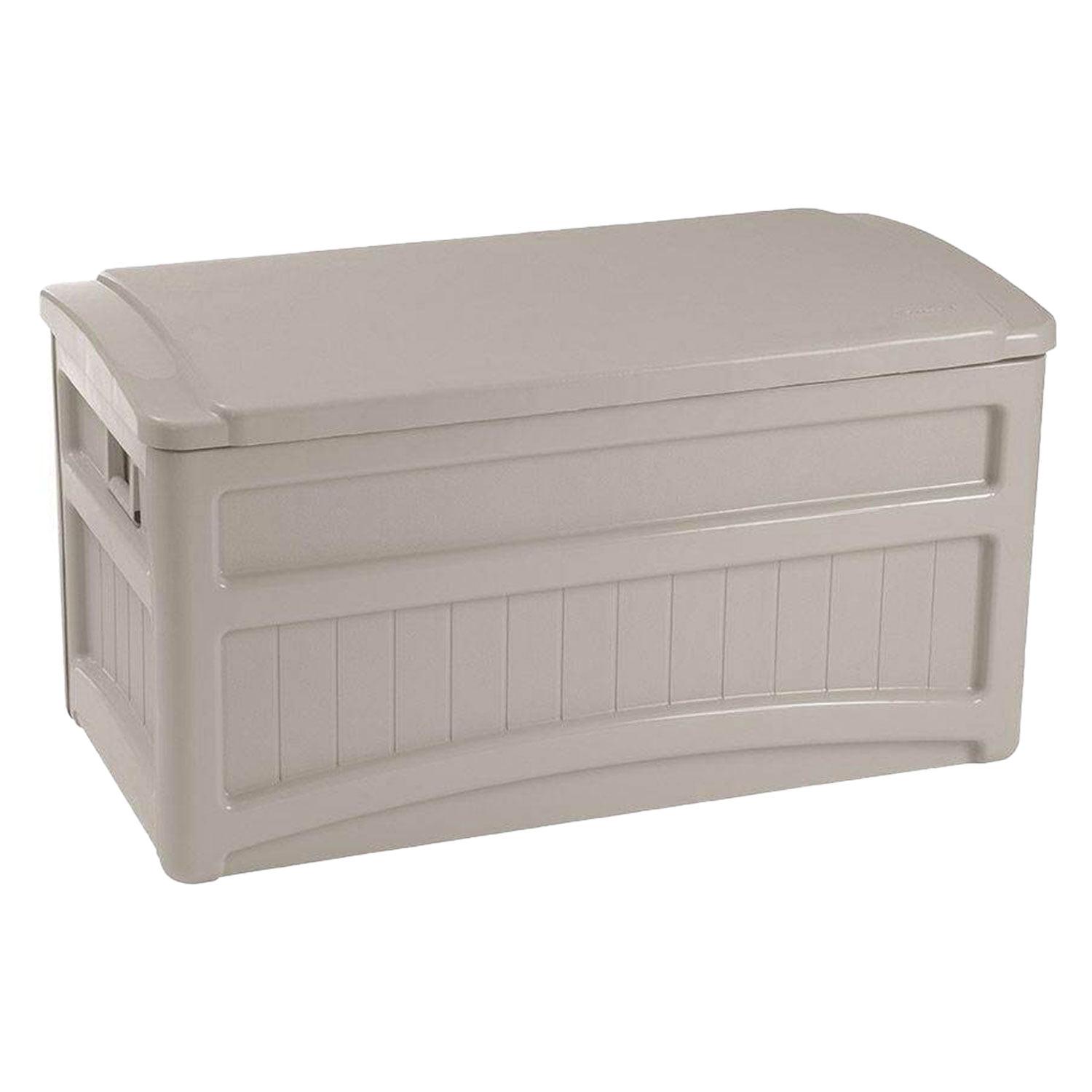 Suncast 73 Gallon Resin Outdoor Storage Box, Taupe – Weatherproof Deck Chest for Tools & Cushions