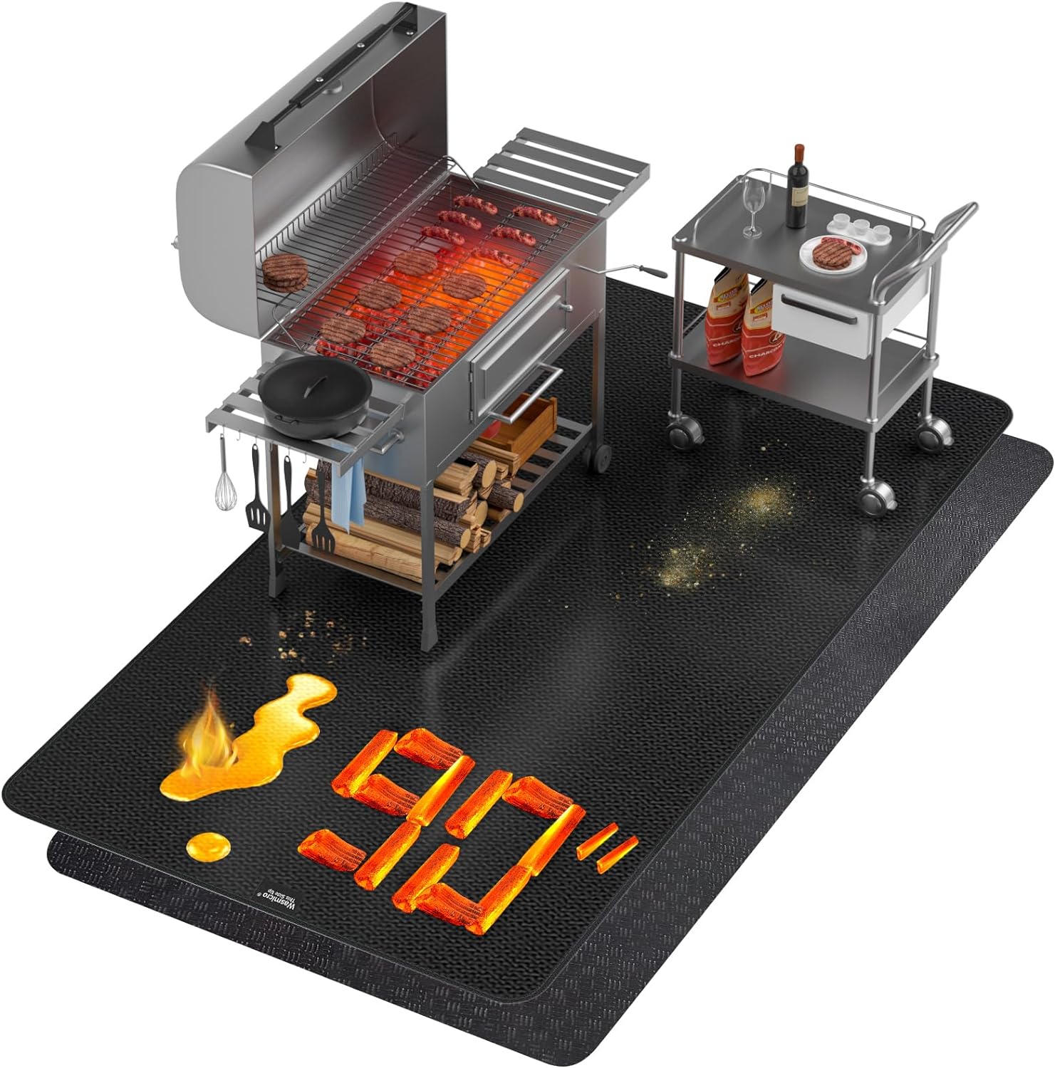 Double Layer Thickened Large Under Grill Mat 90x48 Inch, Fireproof Mat with Anti-Slip Rug 2-in-1