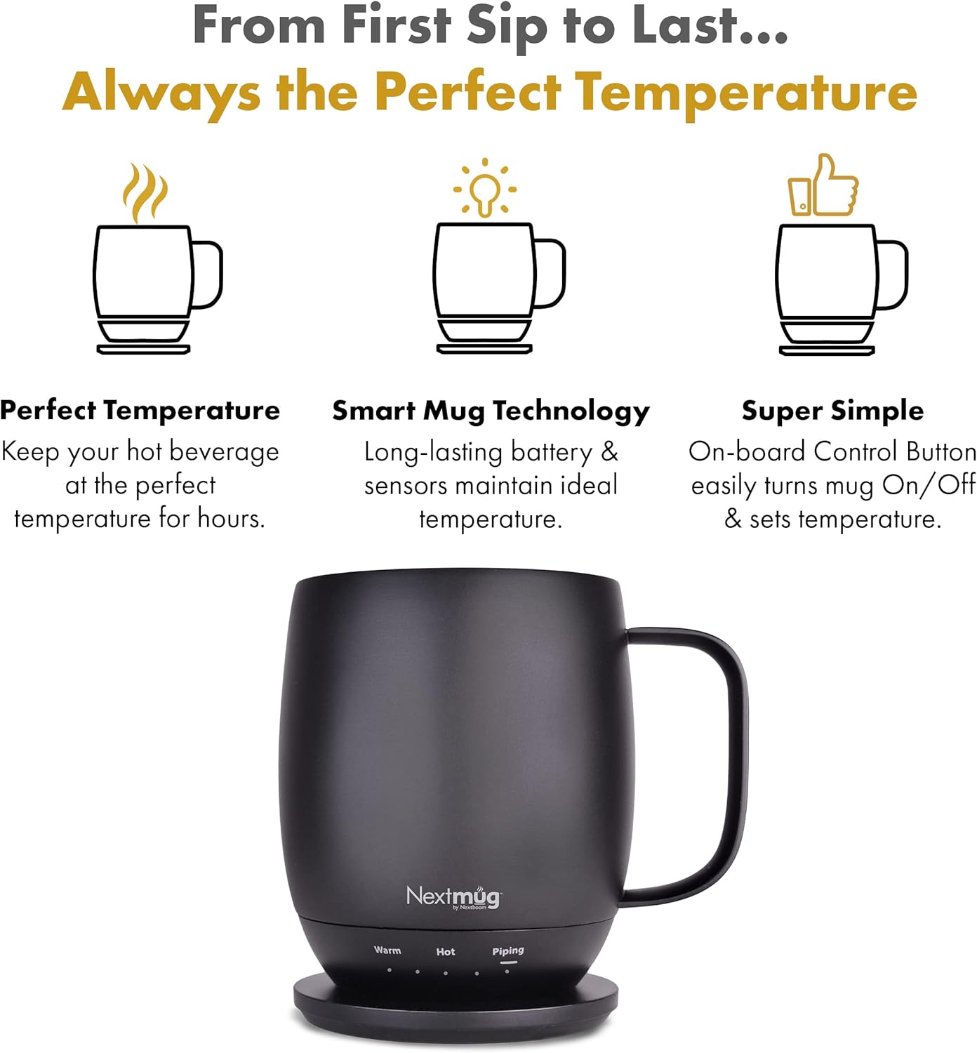 Nextmug Temperature-Controlled Self-Heating Coffee Mug, Black, 14 oz, Ceramic Finish, Smart Tech