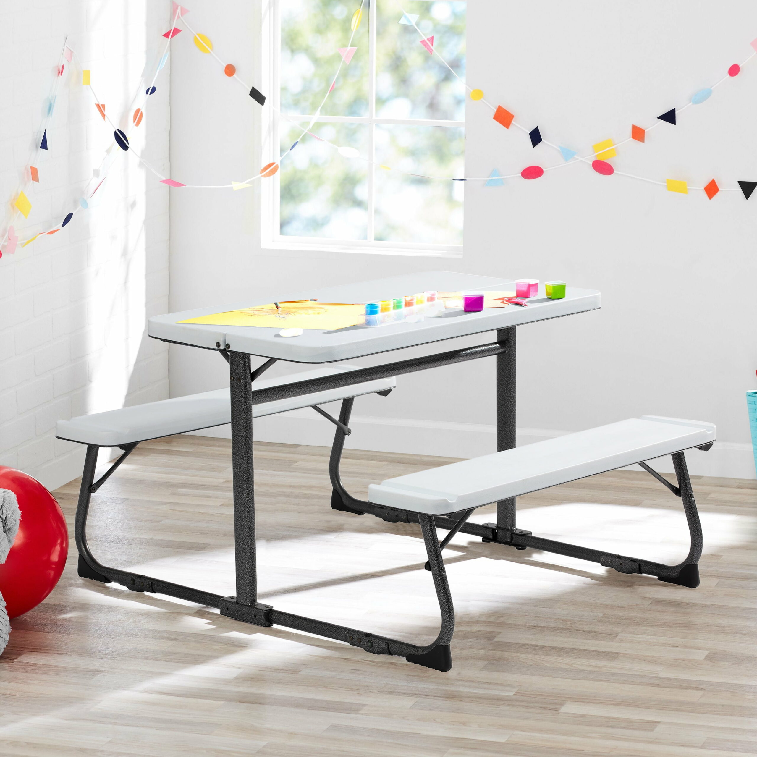 Your Zone Kid’s Folding Activity Table with Benches, White – Ages 3-8, Easy Storage & Durable