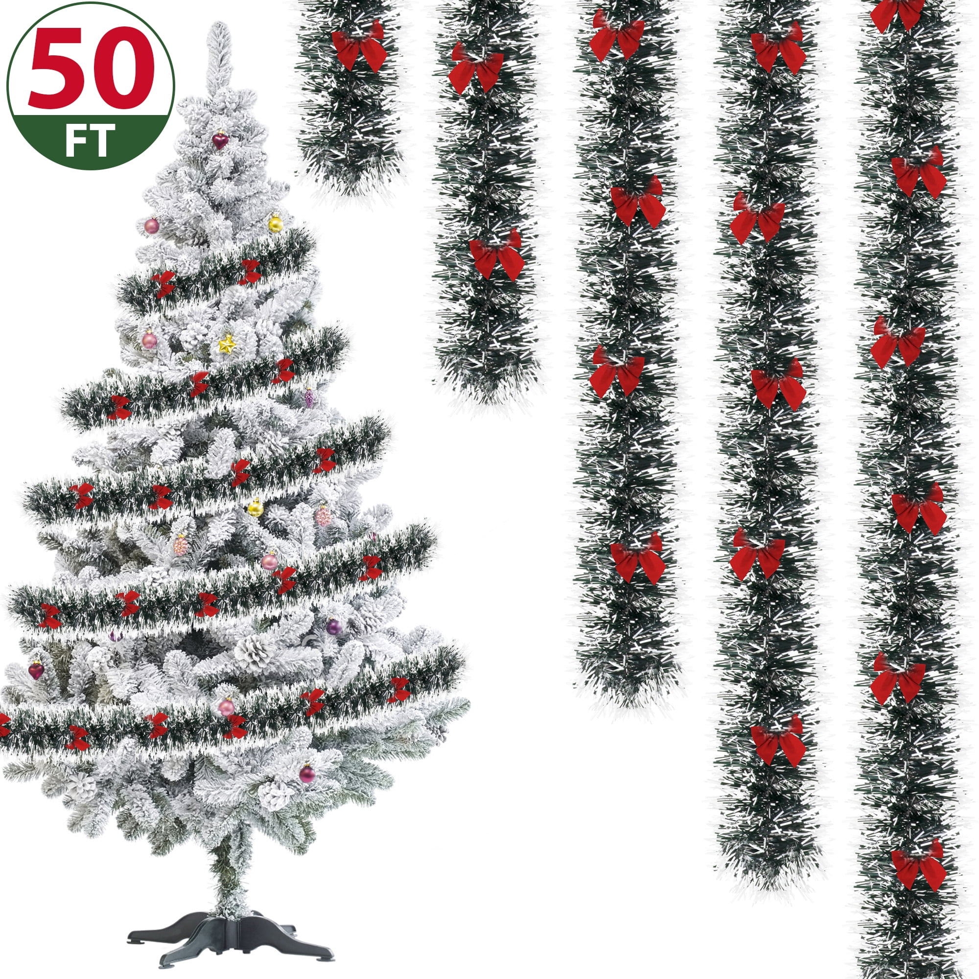 IZNEN 50FT Christmas Garland with 38 Red Bows, Green Tinsel for Indoor & Outdoor Holiday Decoration