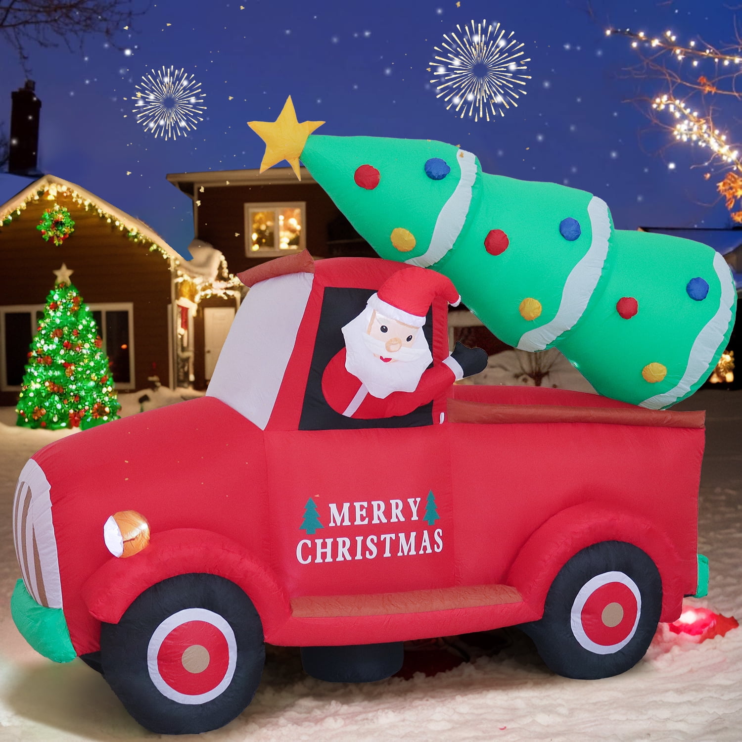 Inadays Christmas Inflatable Santa Red Truck with Tree, 7.2ft, Outdoor Decor, Durable Fabric