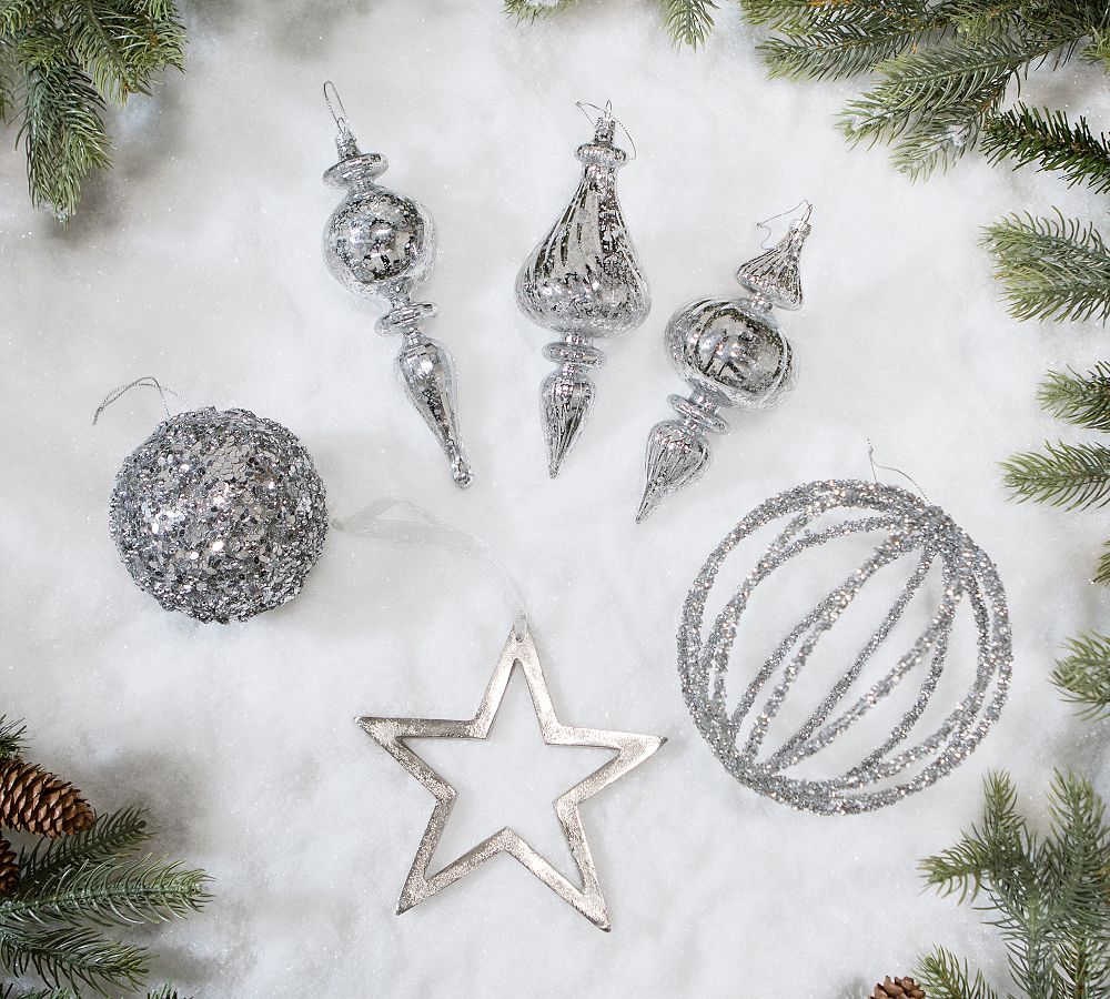 Shatterproof Sparkling Silver Ornament Sets