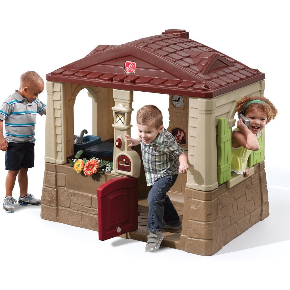 Step2 Neat & Tidy Cottage II Brown Playhouse for Kids – Outdoor Plastic Toy with Dutch Door & Kitchen Setup