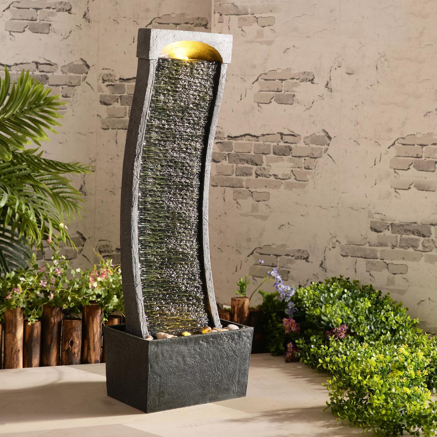 Teamson Home Modern Curved Slate Waterfall Fountain with LED Lights, Indoor/Outdoor, Black/Stone Grey