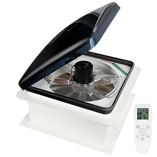 OUTPRIZE 14′′ RV Roof Vent Fan, 12V Remote Control, Quiet, Smart with Rain Sensor, 10-Speed, Energy Efficient