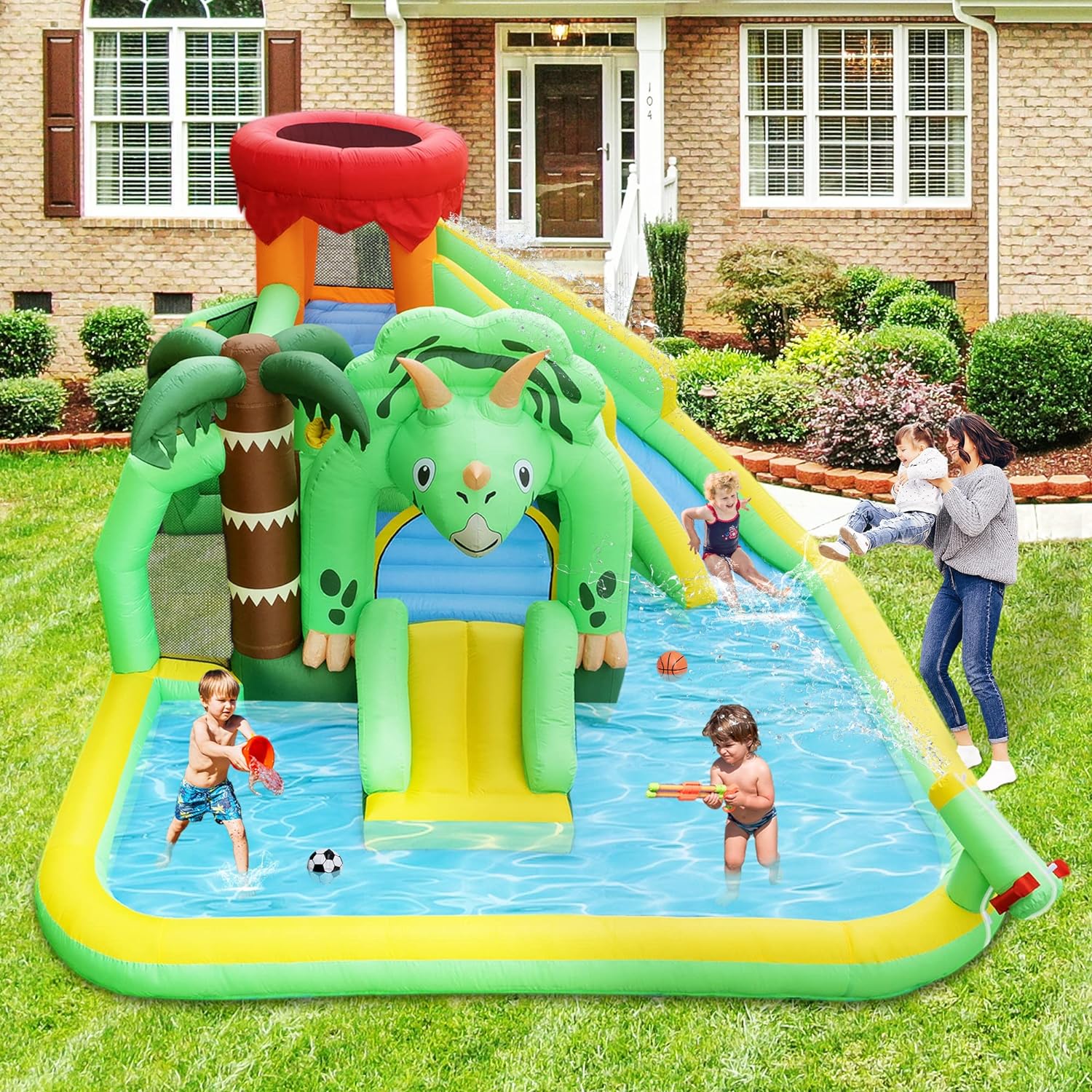 Beyond Your Thoughts Crocodile Inflatable Water Slide for Kids, Durable Bounce House with Pool & Climbing Wall, Includes Air Blower, Ages 3-10