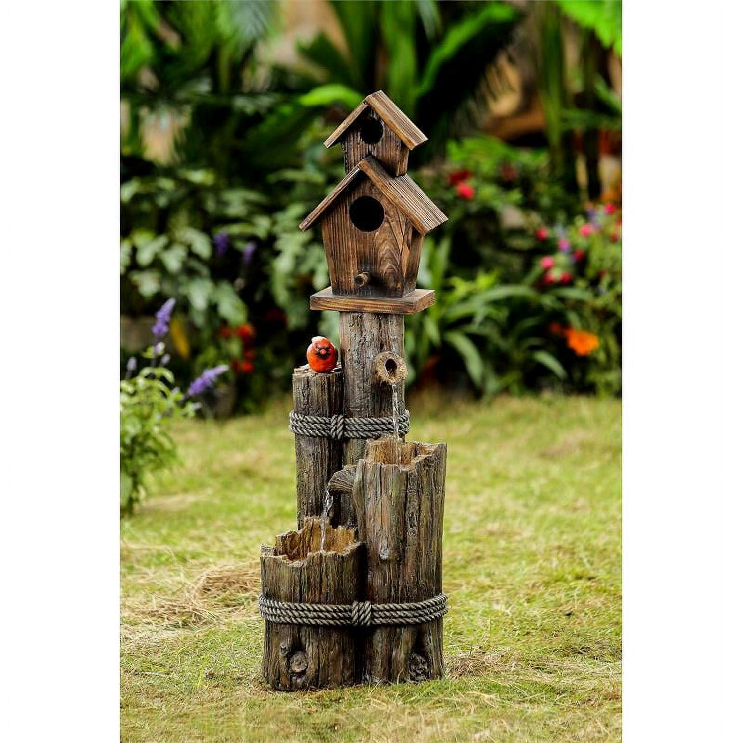 Jeco Tiered Wood Finish Water Fountain with Birdhouse, Resin/Fiberglass, Indoor/Outdoor, Multicolor