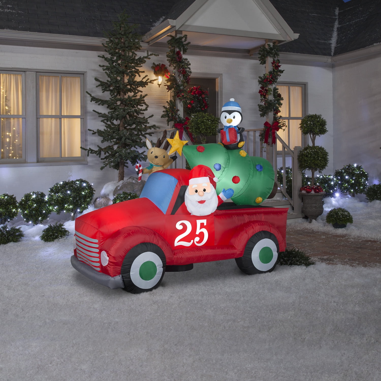 Gemmy Airblown Inflatable Vintage Truck with Santa, Reindeer & Penguin, 6 ft Tall, LED Lights, Christmas Decoration