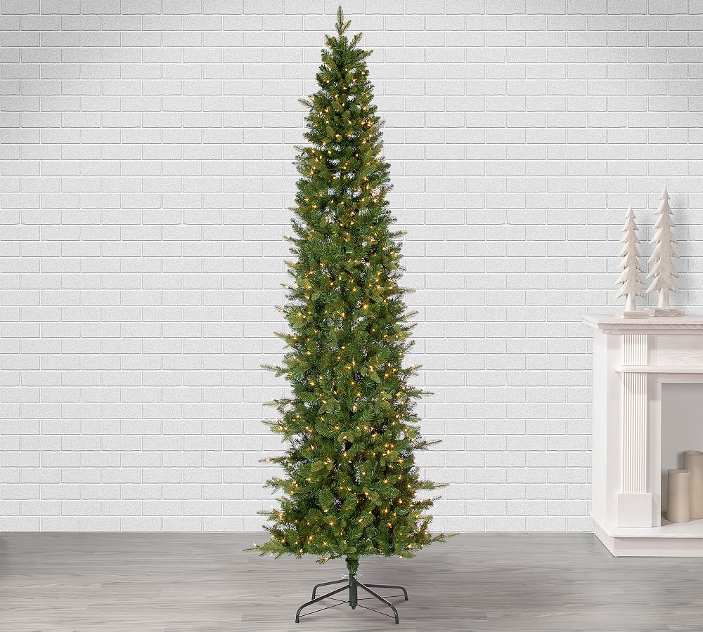 Pre-Lit Narrow Saginaw Spruce Artificial Christmas Tree with Clear Lights, Flame Resistant, Indoor Use