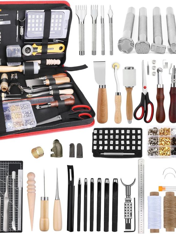 XXL Leather Tooling Kit – Professional Leather Craft Tools for Handbag Making: Cutting Mats, Engraving, Punching, Sewing, Stamping, Sanding