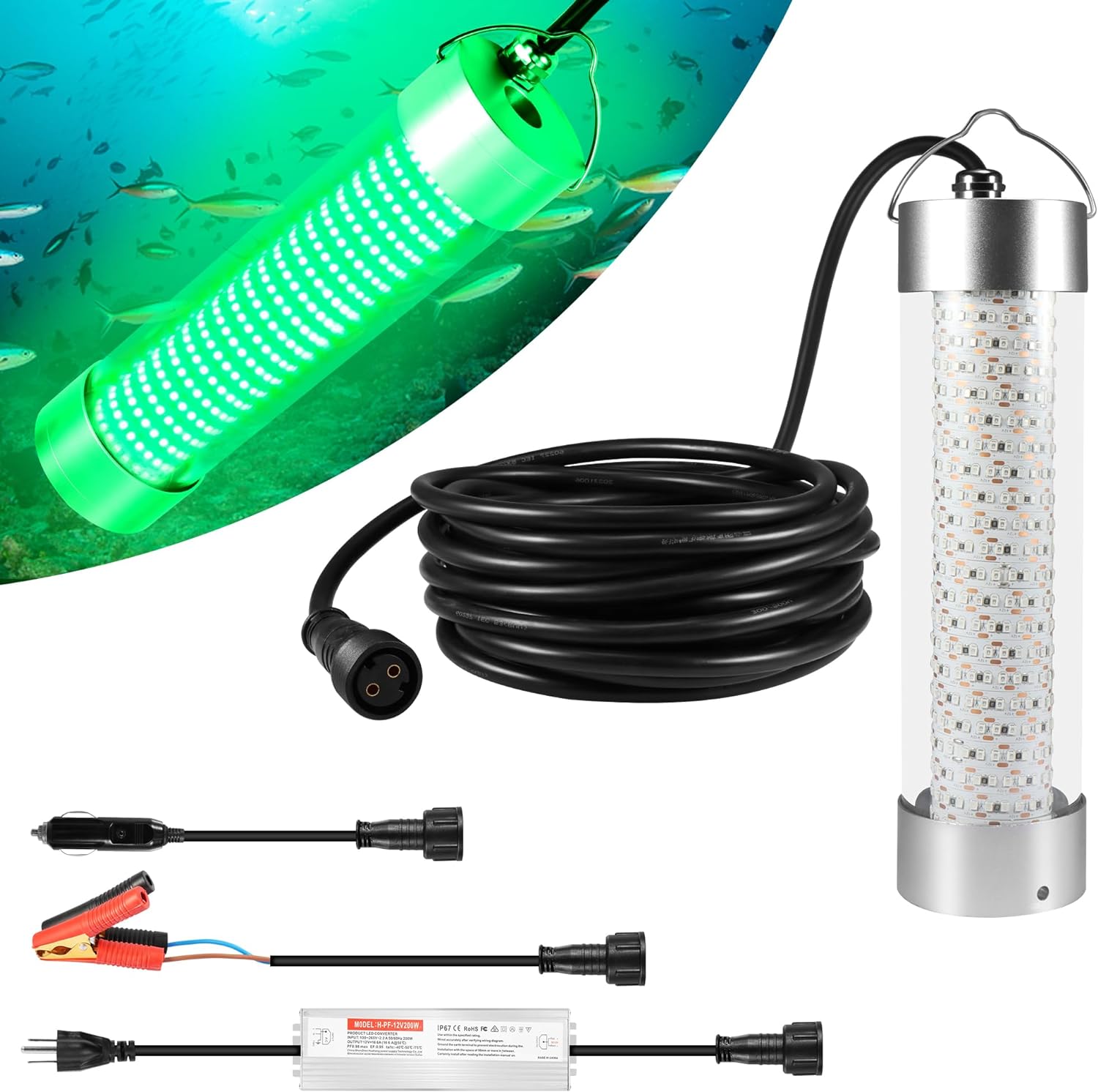 FS2-1 Underwater Fishing Light 400W, Green IP68 Submersible Lamp for Night Fishing, 12V, 49ft Wire