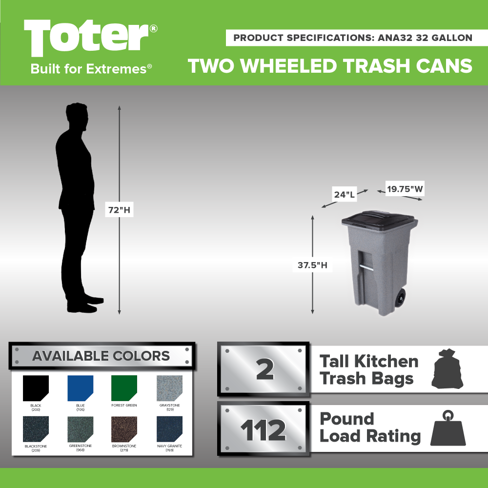 Toter 32 Gallon Trash Can, Greenstone, Quiet Wheels, Attached Lid, Durable Recycling Bin