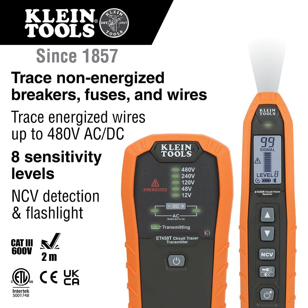 Klein Tools ET450 Circuit Breaker Finder & Wire Tracer Kit, Battery Powered, Multi-Color, Circuit Testers