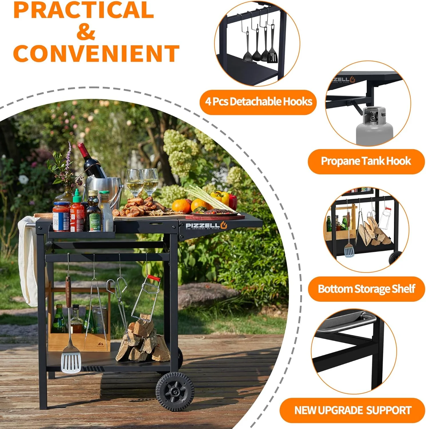 Movable Outdoor Grill Cart with Double-Shelf Trolley and Foldable Tabletop