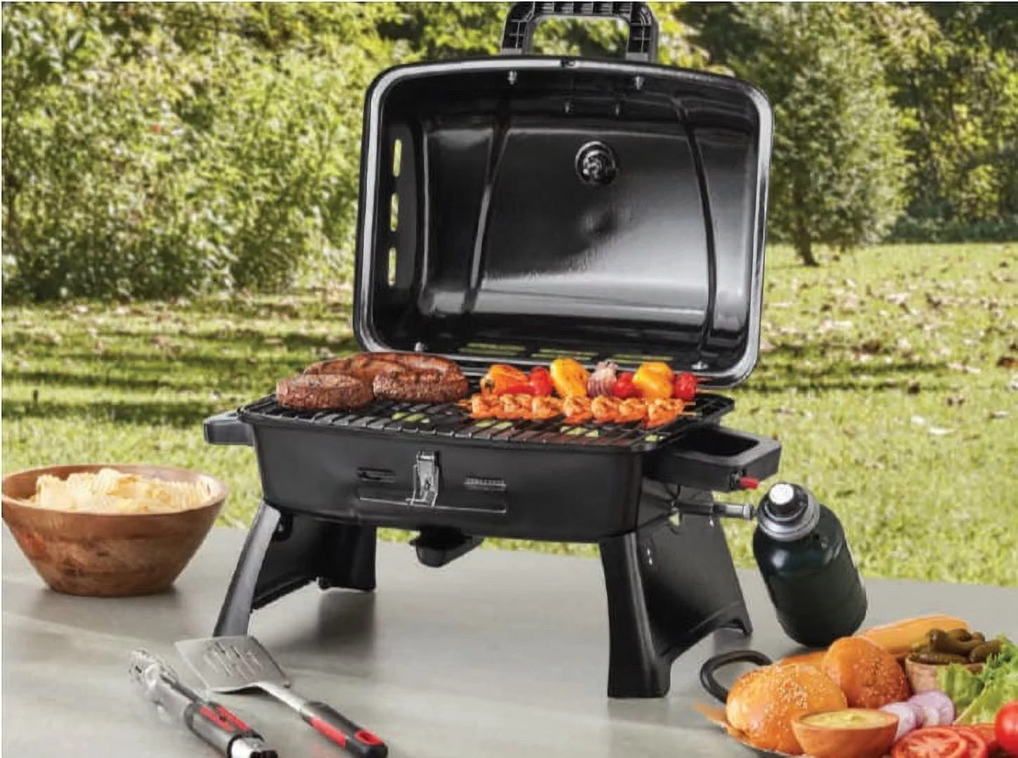 Ozark Trail Portable Propane Grill with Griddle Plate, 10,000 BTU Burner, Enameled Steel, Black