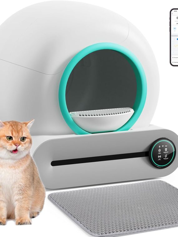 Green Grey Large Capacity Self-Cleaning Cat Litter Box with Mat & Liners, Automatic, APP Control, 65L+9L, Suitable for Multiple Cats
