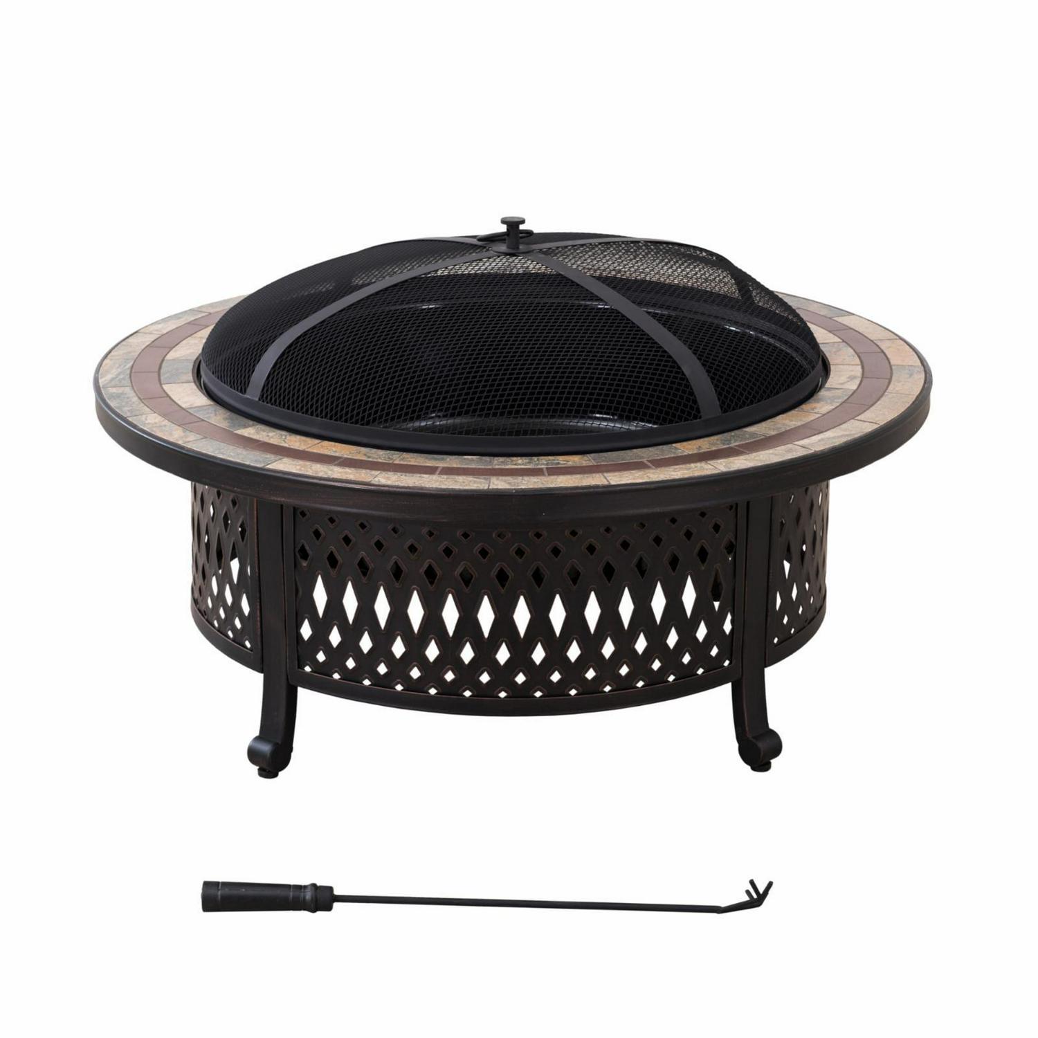 Sunjoy 40′′ Outdoor Fire Pit, Wood Burning, Steel & Tile, Includes Spark Screen & Poker, Round Patio & Backyard Bonfire