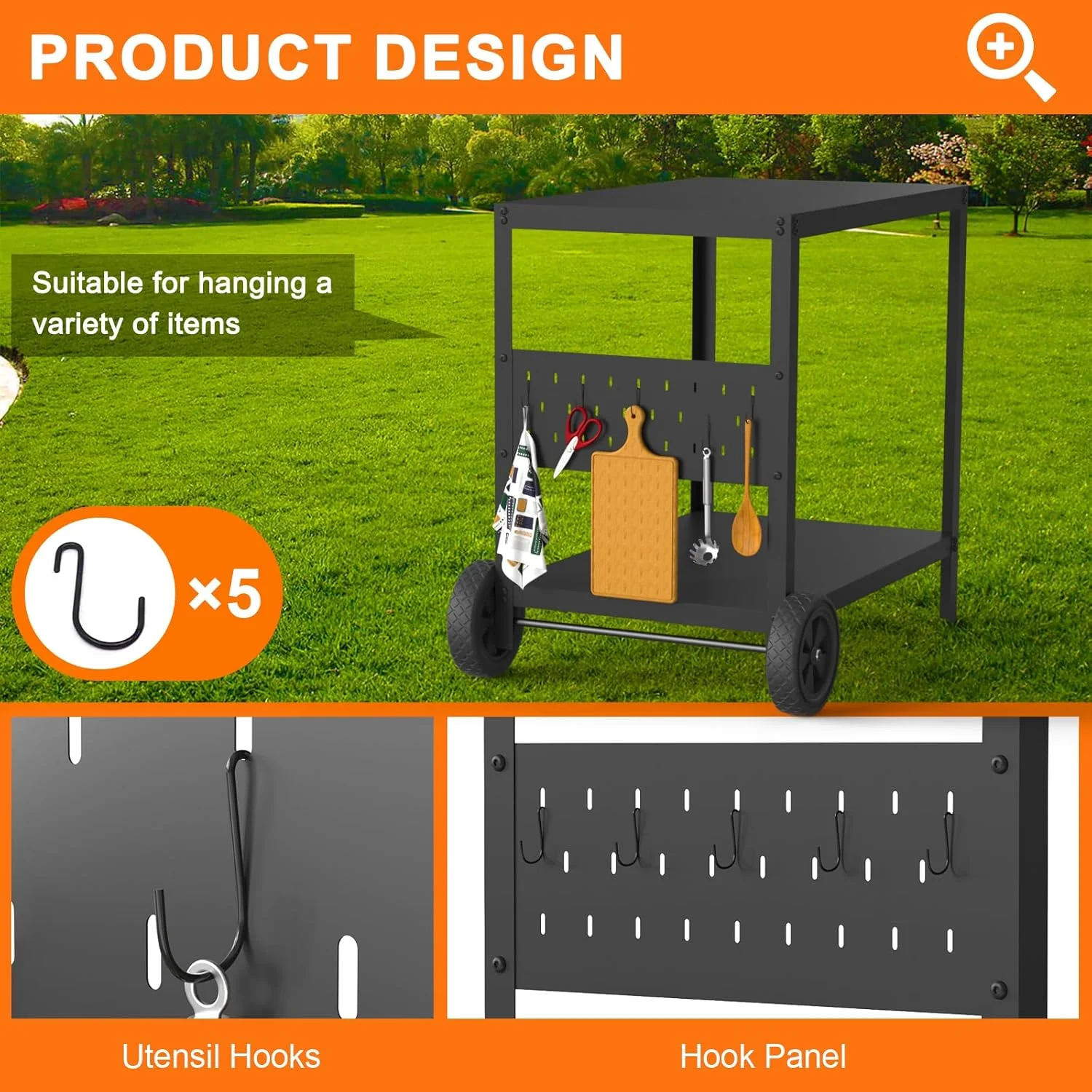 Double-Shelf Grill Table with Movable Pizza Oven Stand - Outdoor Kitchen Island