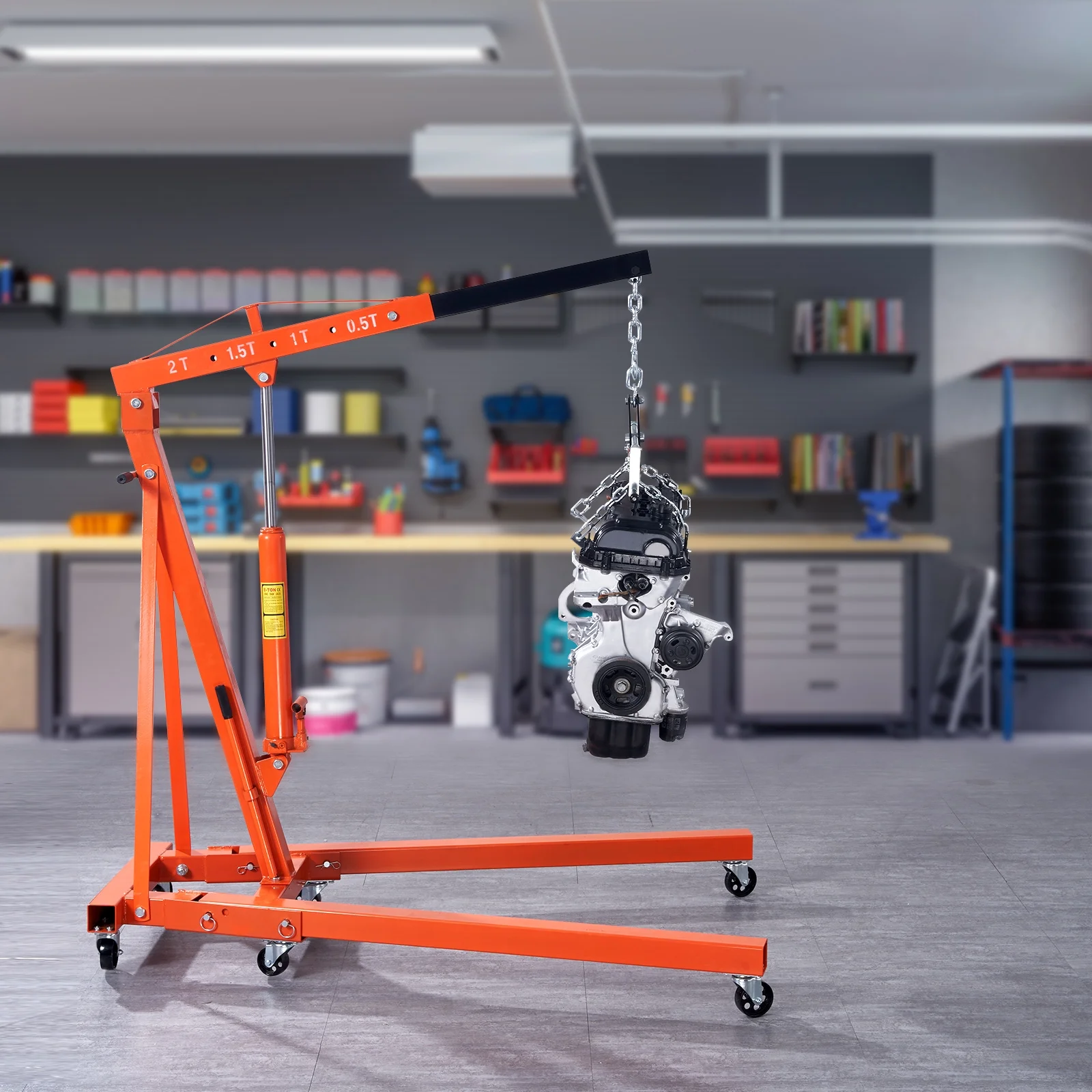 BENTISM 2T Folding Engine Hoist with Leveler, 4400 lbs Capacity, Heavy-Duty Hydraulic Cherry Picker Crane