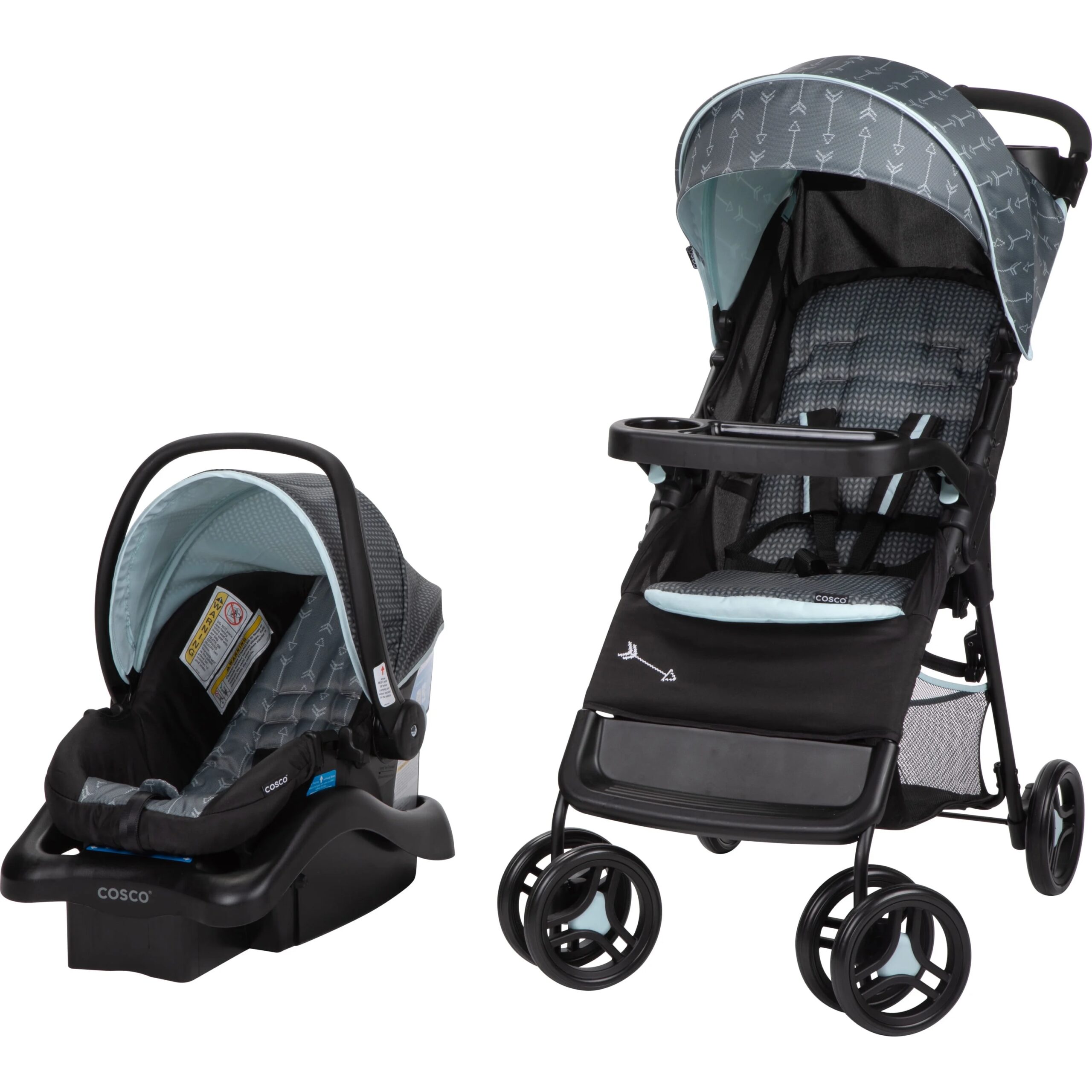 Cosco Lift & Stroll DX Travel System, Gray Arrows – Lightweight Unisex Car Seat & Stroller Combo, Recycled Fabric, Safety Certified