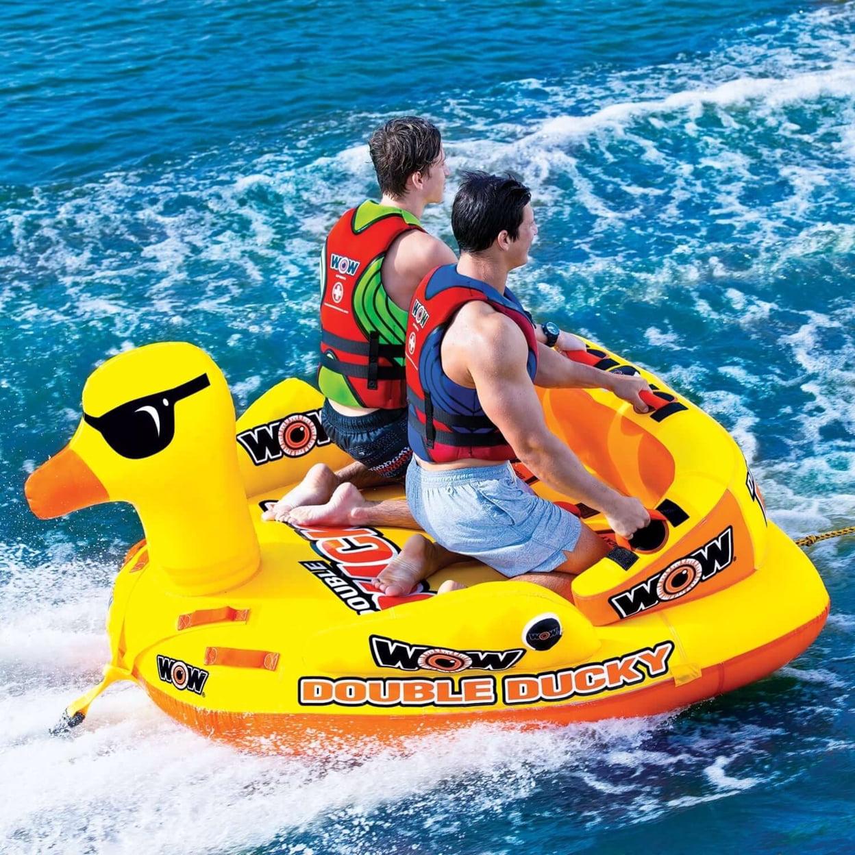 WOW Sports Double Ducky 2P Towable Tube, Secure Deck Seating, 340 lbs Capacity, Heavy-Duty PVC, Front & Back Tow Points