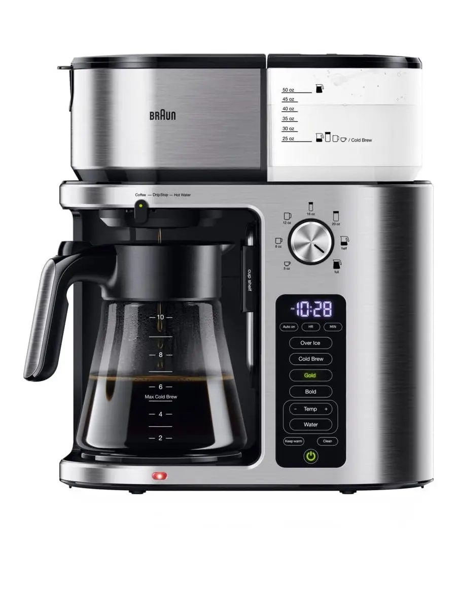Braun MultiServe Plus 10- Cup Pod Free Drip Coffee Maker, 7 Brew Sizes/Hot & Cold Brew & Hot Water for Tea, KF9370SI