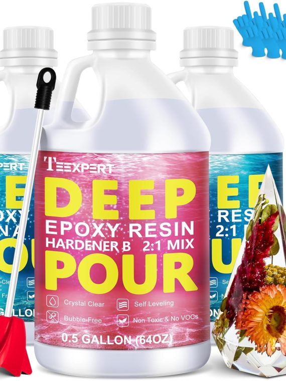 Crystal Clear Deep Pour Epoxy Resin Kit – 2-4′′ Pour Depth, High Gloss, Bubble-Free, Ideal for River Tables & Crafts, 2:1 Mix, 4.5 Gallon Total