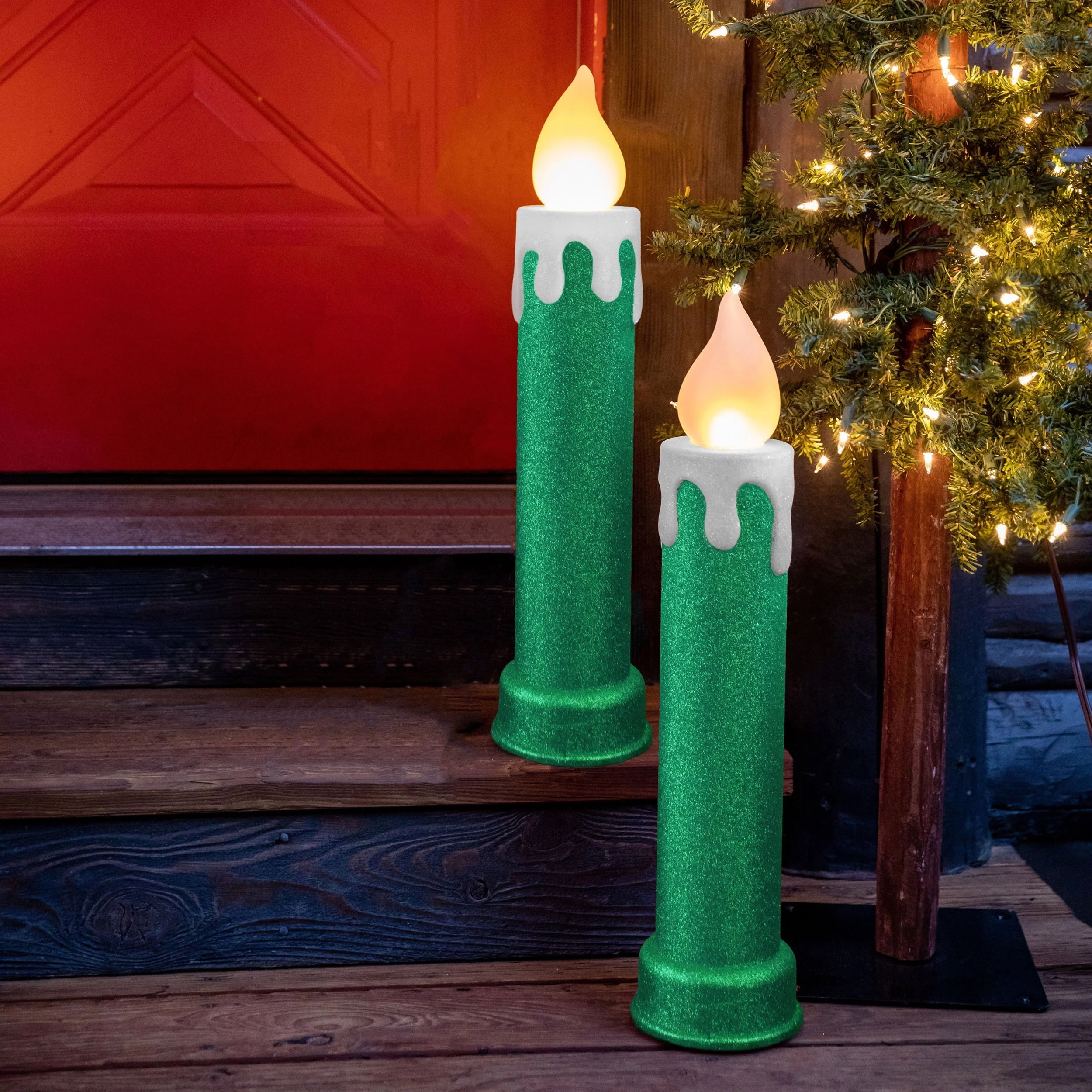 Mr. Christmas 24′′ Green Blow Mold Candles Set with LED Flickering Flame, Indoor/Outdoor Holiday Decor, Battery-Operated, 2-Pack