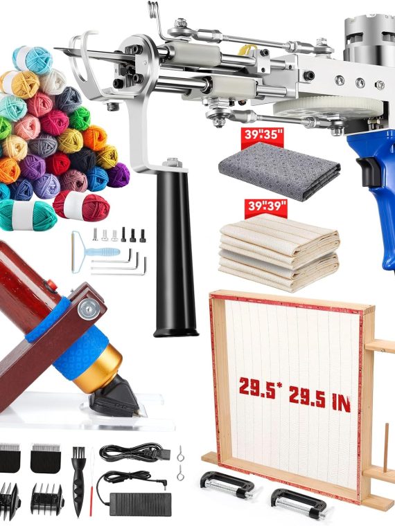 Riiai Tufting Gun Starter Kit 2024 – Includes Frame 29.5′′x29.5′′, Cut & Loop Pile Gun, 200W Carpet Trimmer – Blue/Mahogany