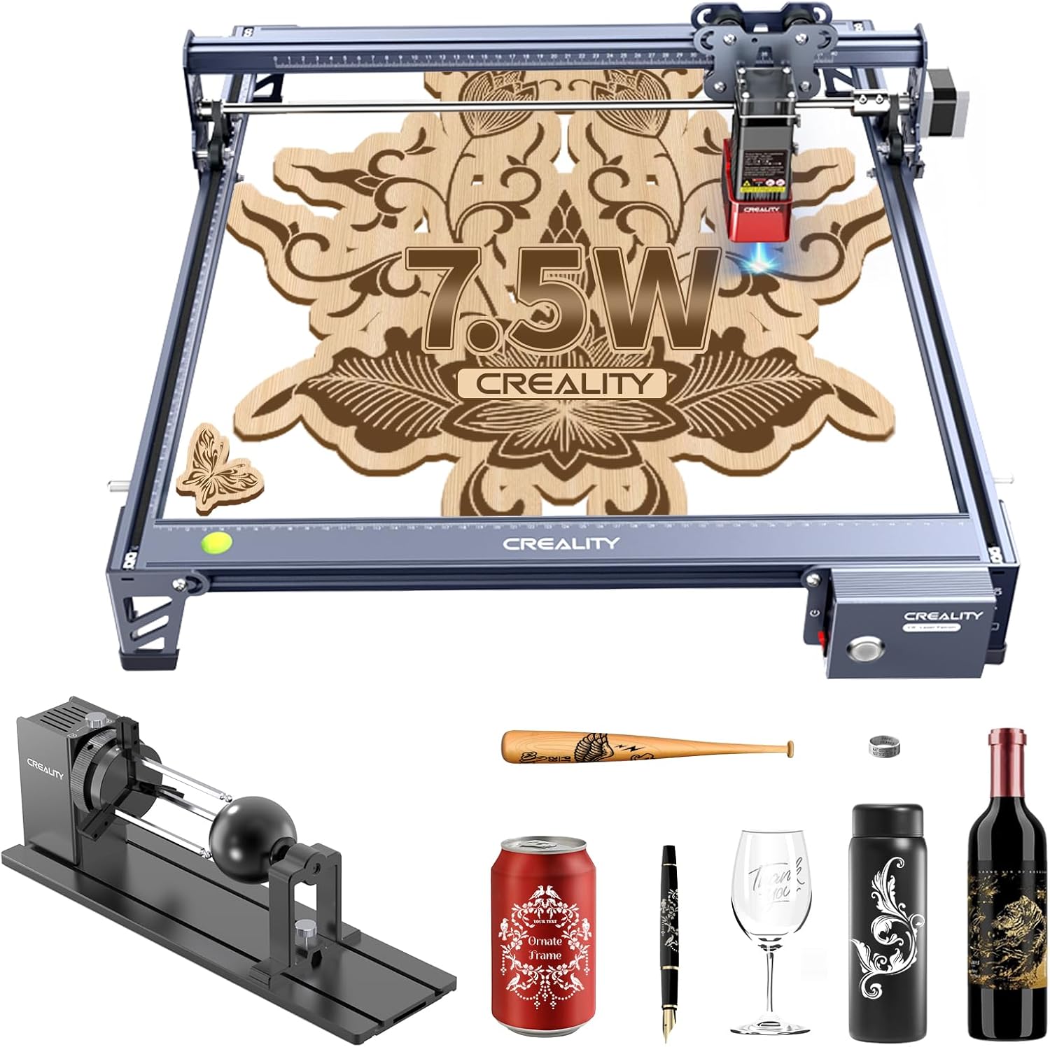 Pro Laser Engraver 3-in-1 Rotary Roller, 7.5W Cutter for Glass, Wood, Metal, Acrylic, Leather – High Accuracy DIY Machine