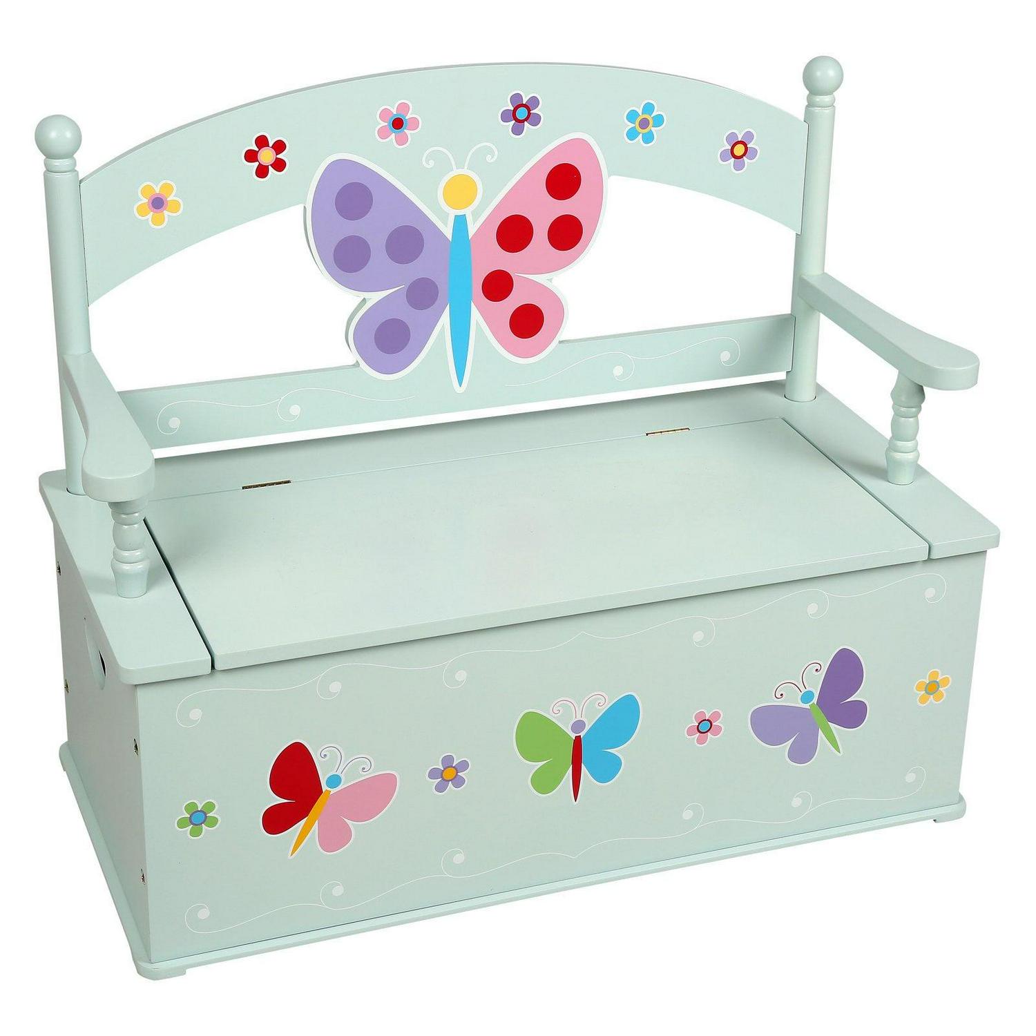 Wildkin Butterfly Garden Bench with Storage, Blue – Whimsical Design, Safety Hinge, Indoor Use