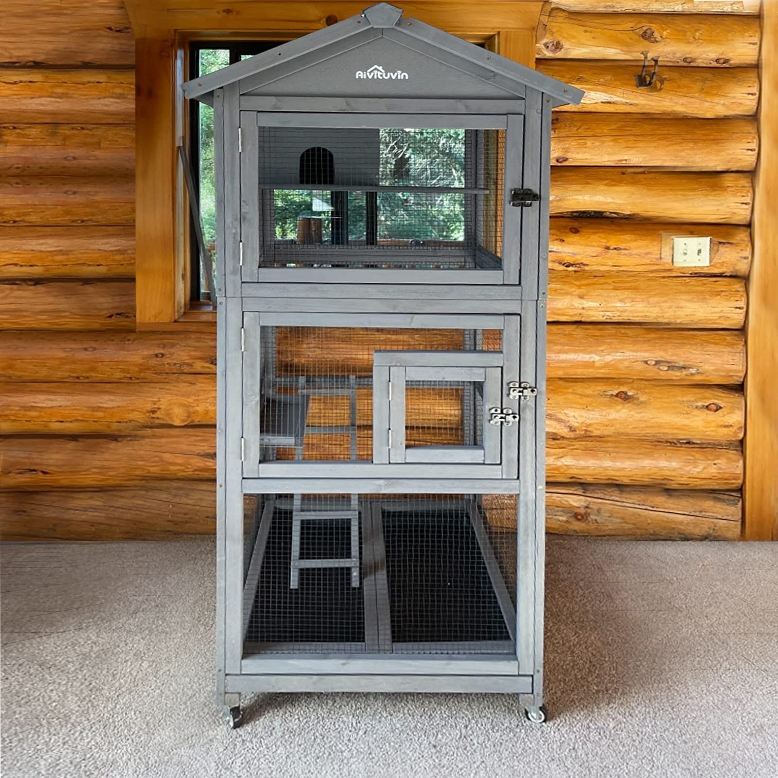 Brand Wooden Cockatiel Cage with Wheels, Removable Netting, Waterproof Roof, and Spacious Design for Outdoor Use
