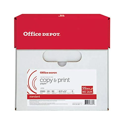 Office Depot Copy Print Paper, 8 1/2in. x 11in., 20 lb, 500 Sheets per Ream, Case of 5 Reams, 851201CS, White