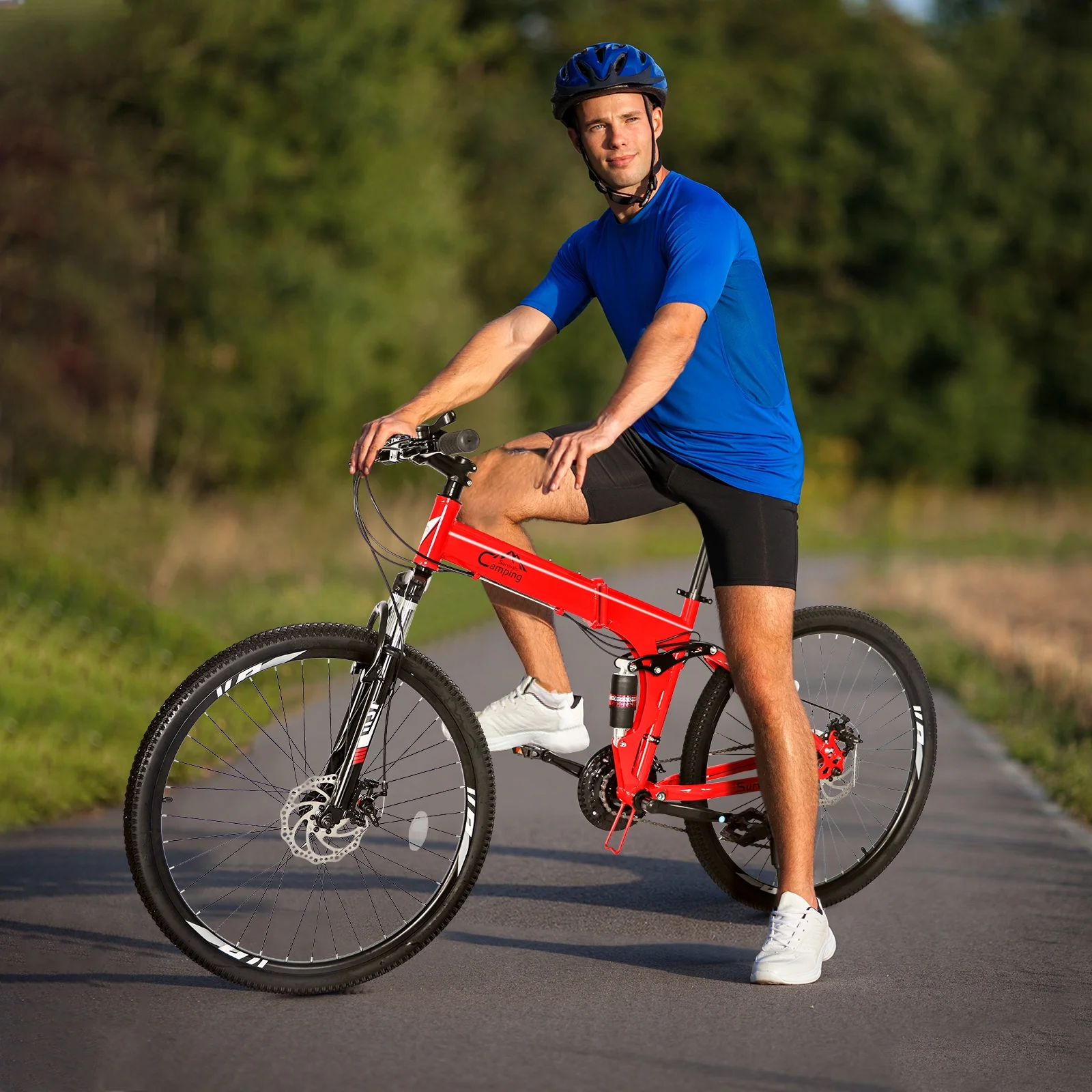 iRerts 26′′ Folding Mountain Bike, 21-Speed, Dual Disc Brakes, Carbon Steel Frame, Adjustable Saddle, Red/Black